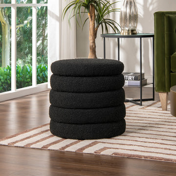 Fuji 19" Oversized Round Storage Ottoman, Ebony Black Boucle Black Foam Boucle