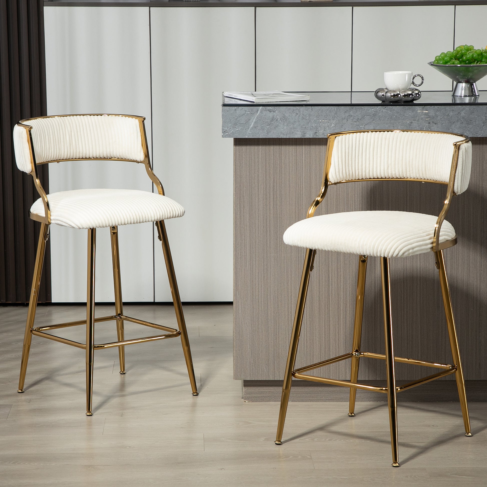 Set Of 2 26'' Counter Height Bar Stools Corduroy Kitchen Island Counter Bar Stool With Back,Golden Chromed Base And Footrest Beige Beige Kitchen Modern Foam Corduroy