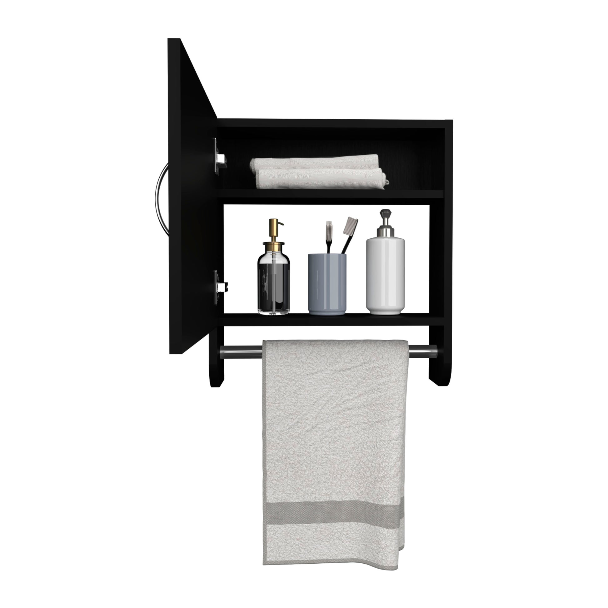 Botiq 19.7" H X 17.7" W Mirror Medicine Cabinet With Towel Rack White, One Door With Two Interior Shelves For Bathroom, Kitchen Black Black Particle Board