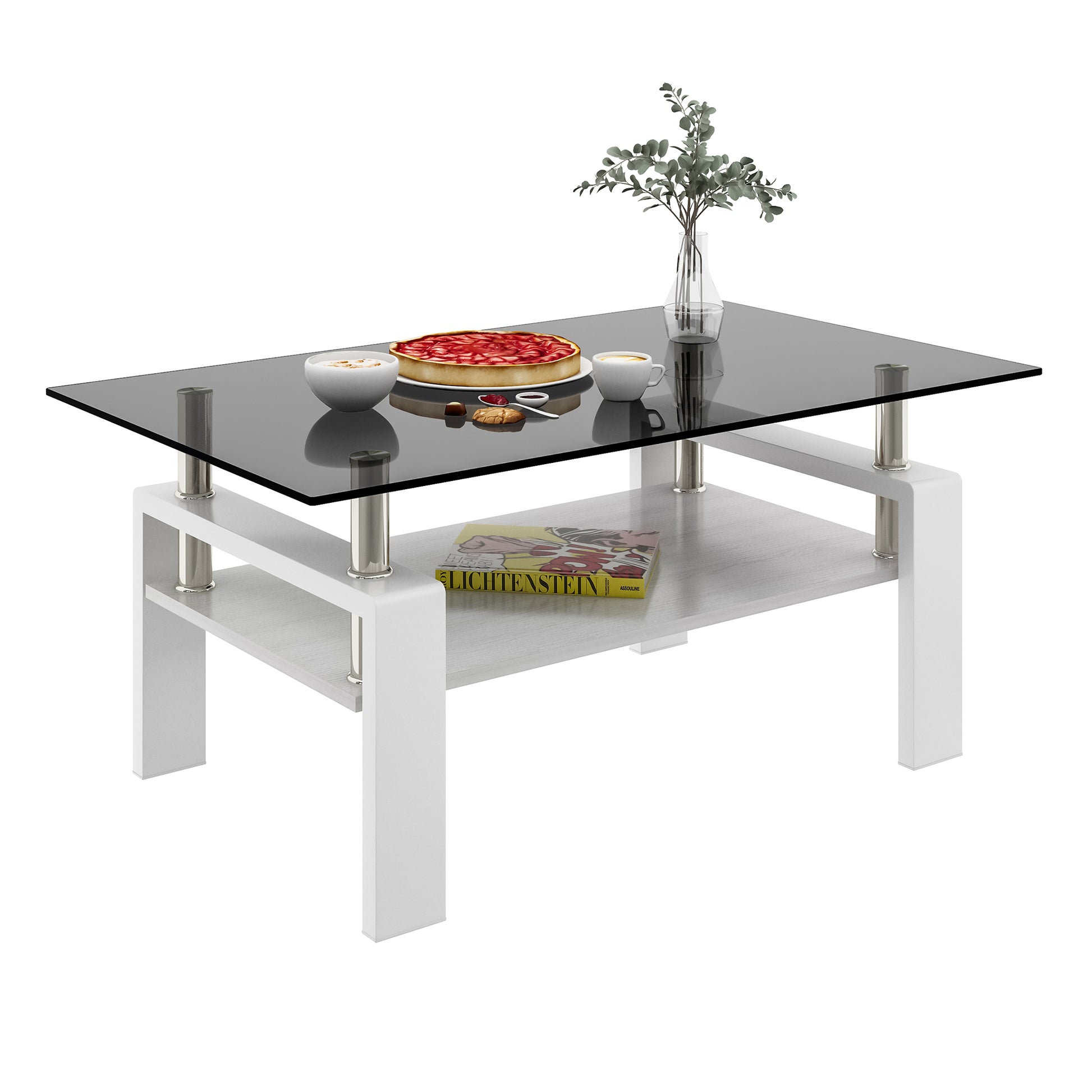 Rectangle Coffee Table, Tempered Glass Tabletop With Mdf Layer, Modern Table For Living Roomgray Glass Gray Tempered Glass