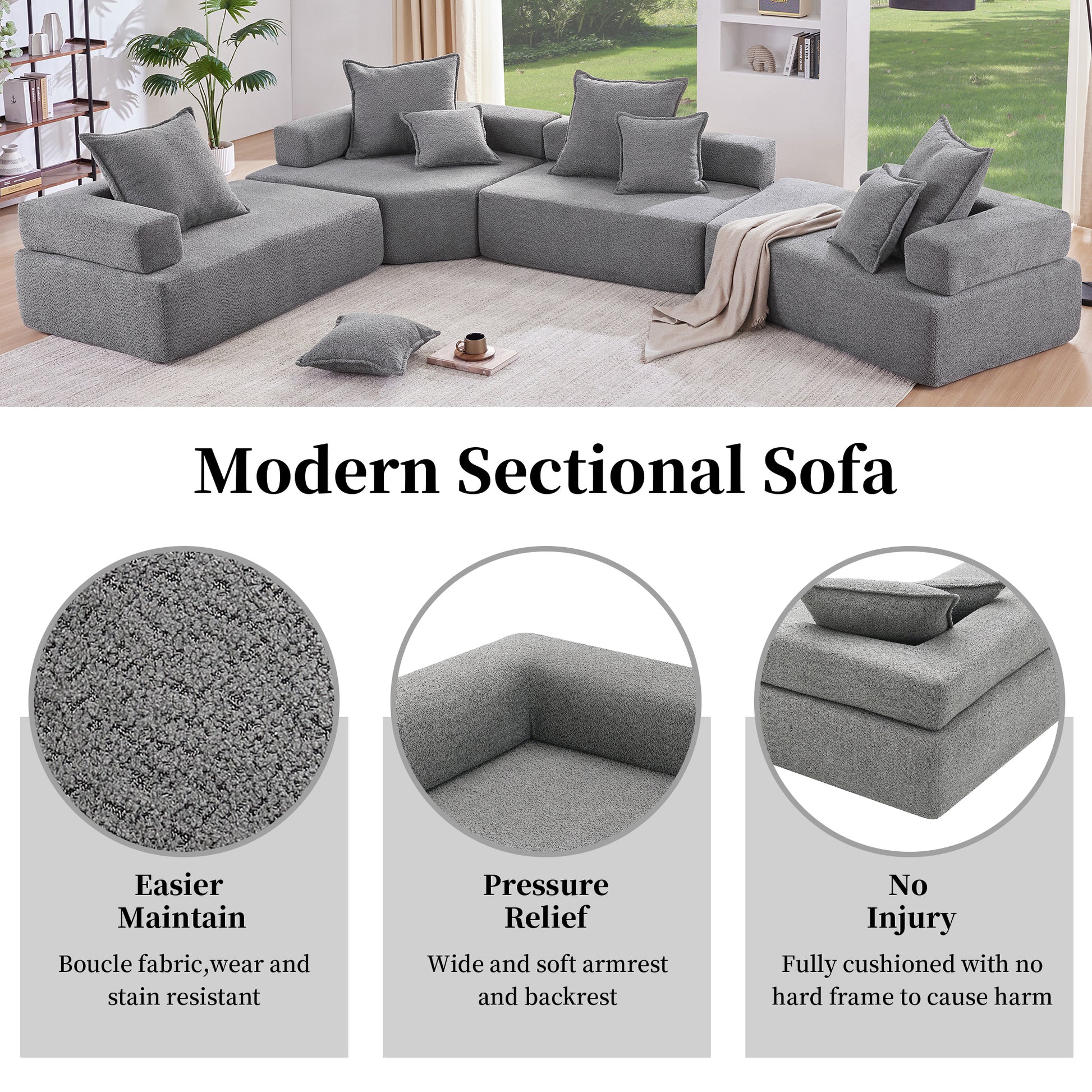 Corner Frame For Oversized Modular U Shaped Sectional Sofa,Luxury Boucle Floor Couch Set,Convertible Sleeper Couch,Spacious Foam Filled Sofa Bed For Living Room Gray Boucle 1 Seat