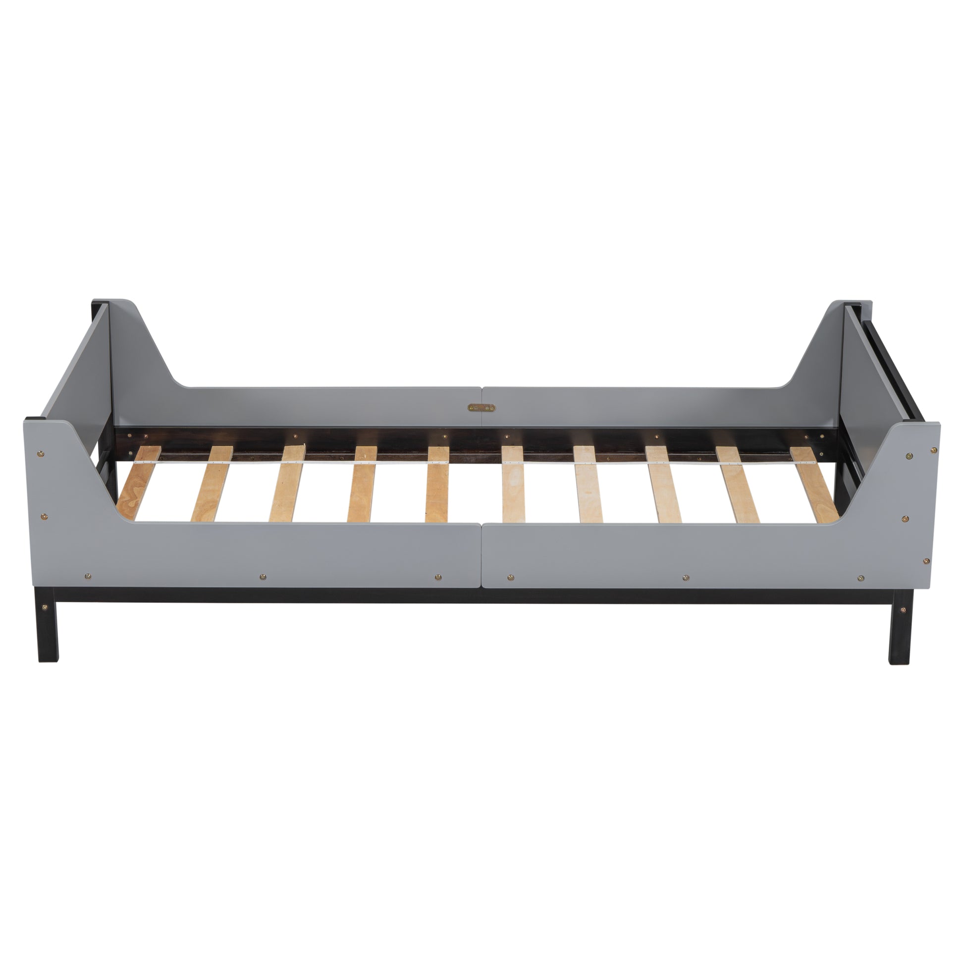 Twin Bed With Headboard, Footboard, Safeguards, Built In Bed End Book Storage Rack ,Grey Twin Grey American Design Pine