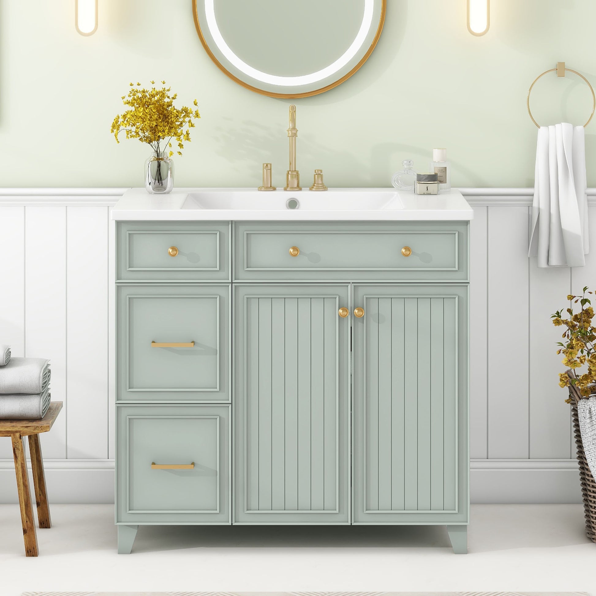 36 Inch Bathroom Vanity, Transitional Style Bathroom Cabinet With Resin Sink, Green Single Bathroom Cabinet, With 2 Drawers And 1 Adjustable Storage Shelf, 2 Soft Close Doors Green Bathroom Solid Wood Mdf Resin