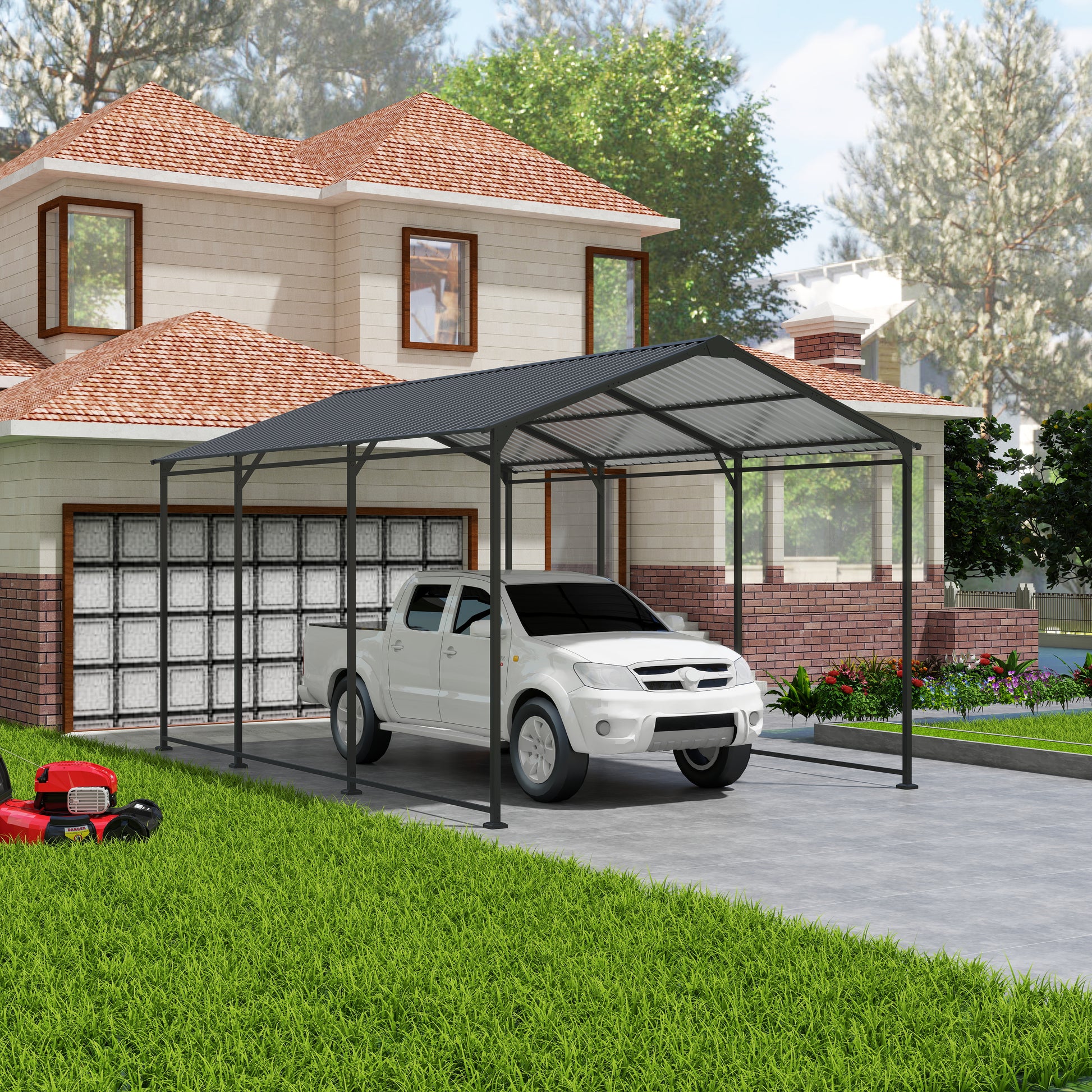 Metal Carport 10 15 Ft Heavy Duty With Galvanized Steel Roof, Metal Garage Canopy With Galvanized Steel Roof & Frame, Car Tent Outdoor Storage Shed For Car, Boats And Truck, Gray Grey Metal