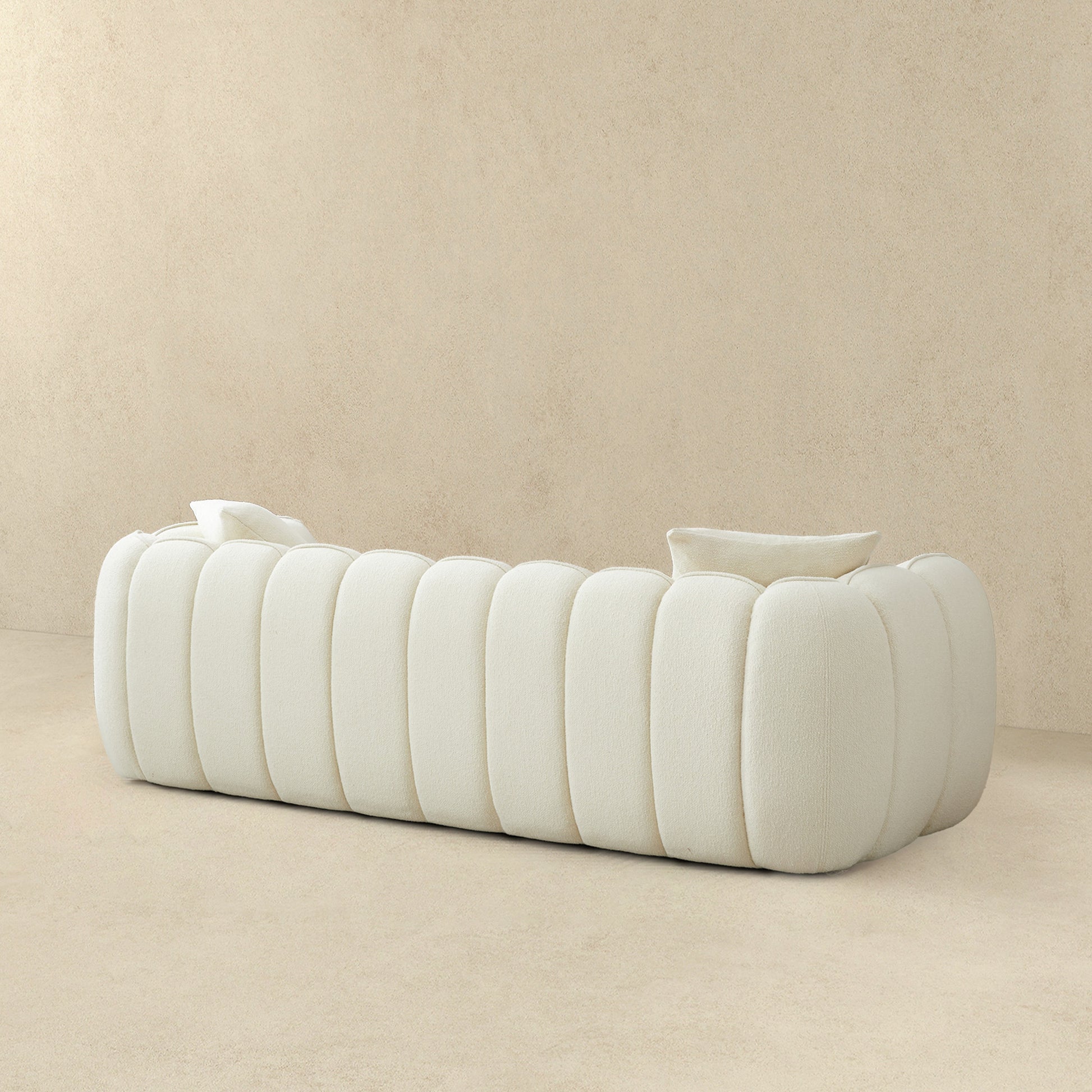 Marissa Sofa Cream Boucle Cream,White Wood Tufted Back Mid Century Modern Boucle,Solid Wood 3 Seat