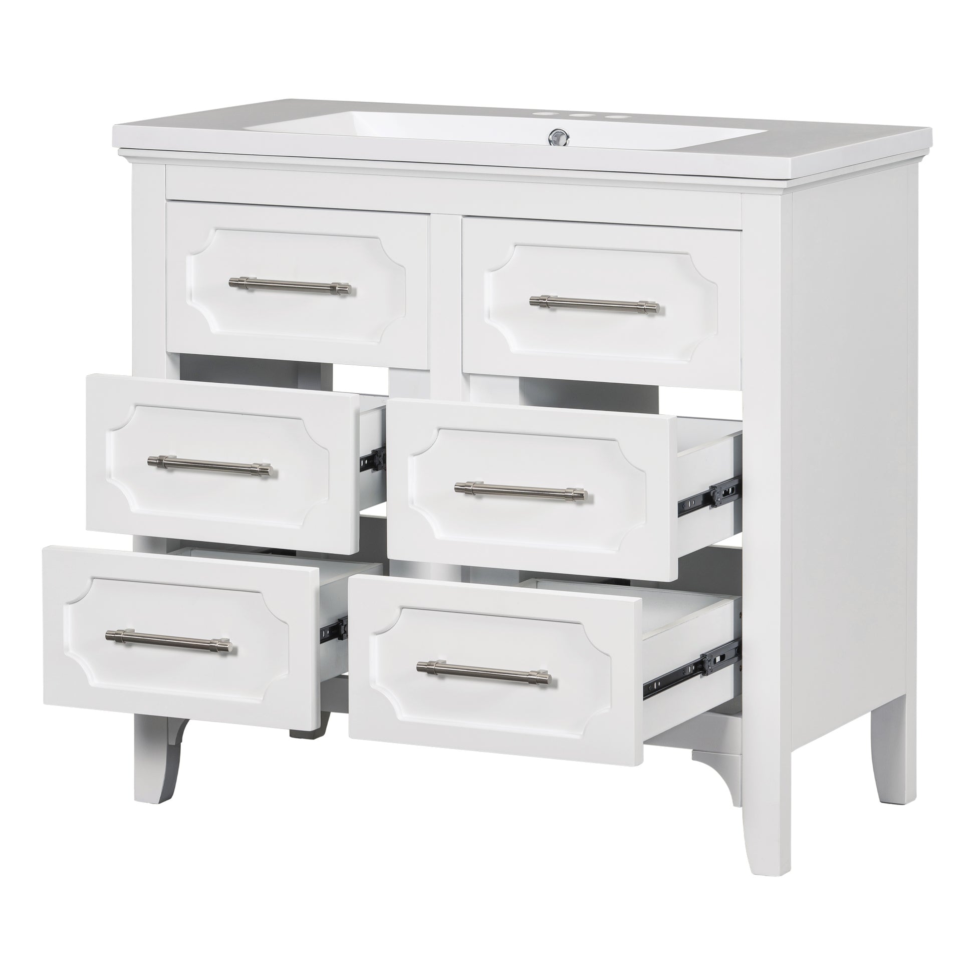 36'' Bathroom Vanity With Resin Sink Combo, Free Standing Single Vanity Set With Four Drawers, Solid Wood Frame Bathroom Storage Cabinet 4 White Bathroom Solid Wood Mdf Resin Painted