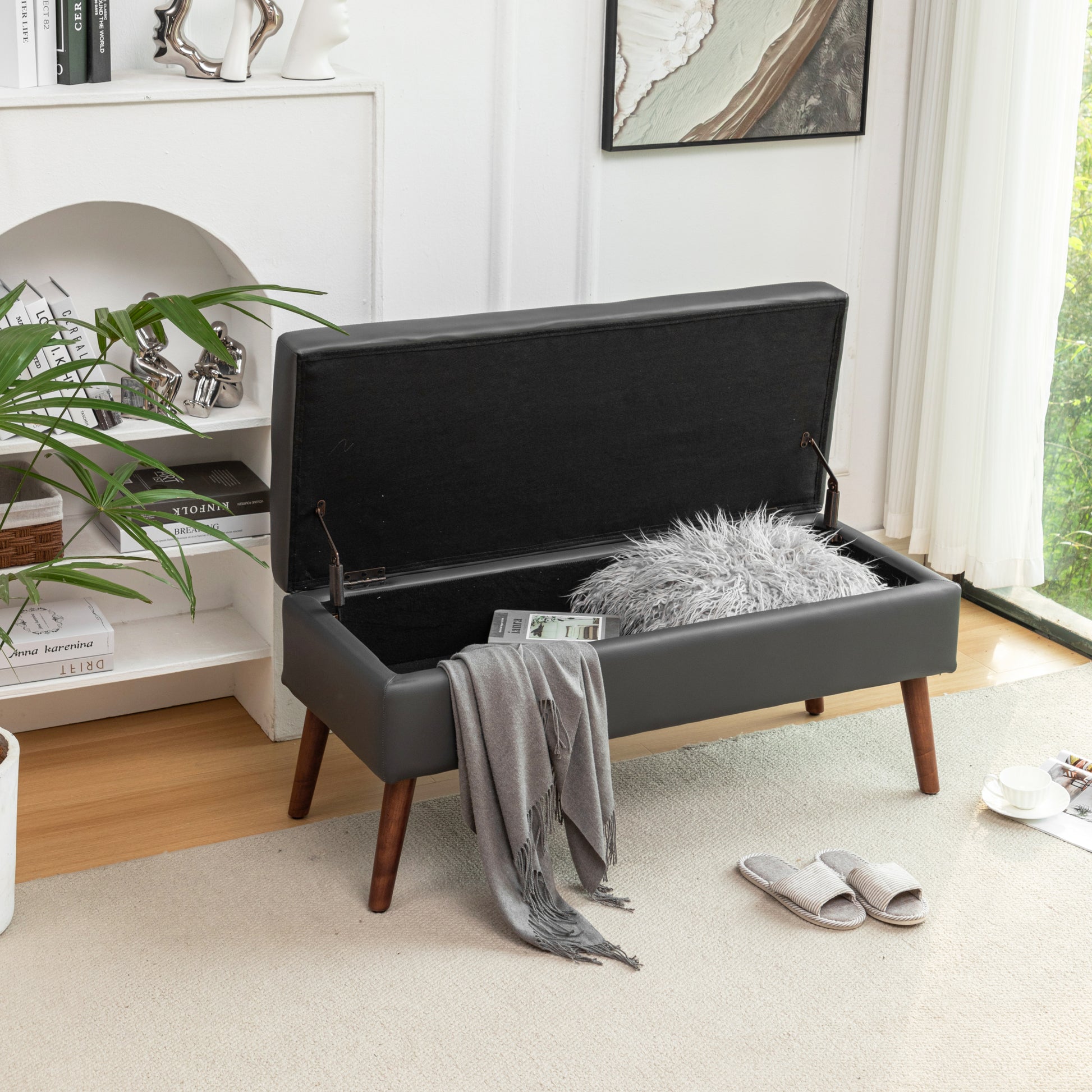 Storage Bench With Storage Bench For Bedroom End Of Bed Bench Foot Of Bed Bench Entryway Bench Storage Ottoman Bench 43.3" W X 17.7" Dark Grey Leather Bench Dark Grey Pu Leather