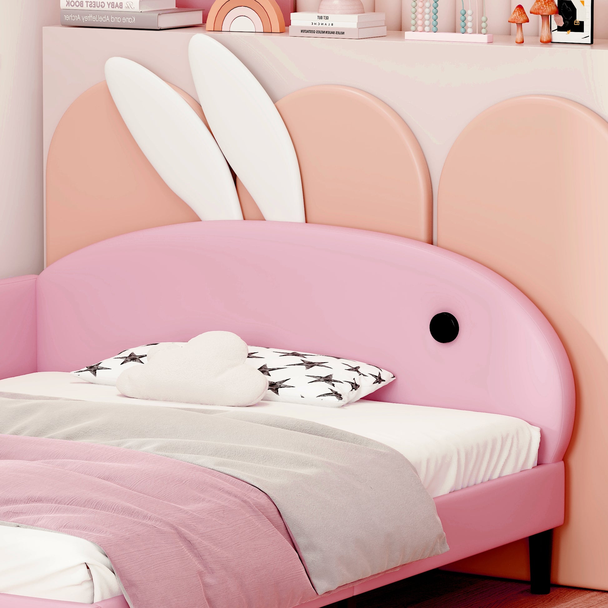 Full Size Upholstered Rabbit Shape Daybed, Sofabed With Rabbit Ear Headboard, Pink Full Pink Pu
