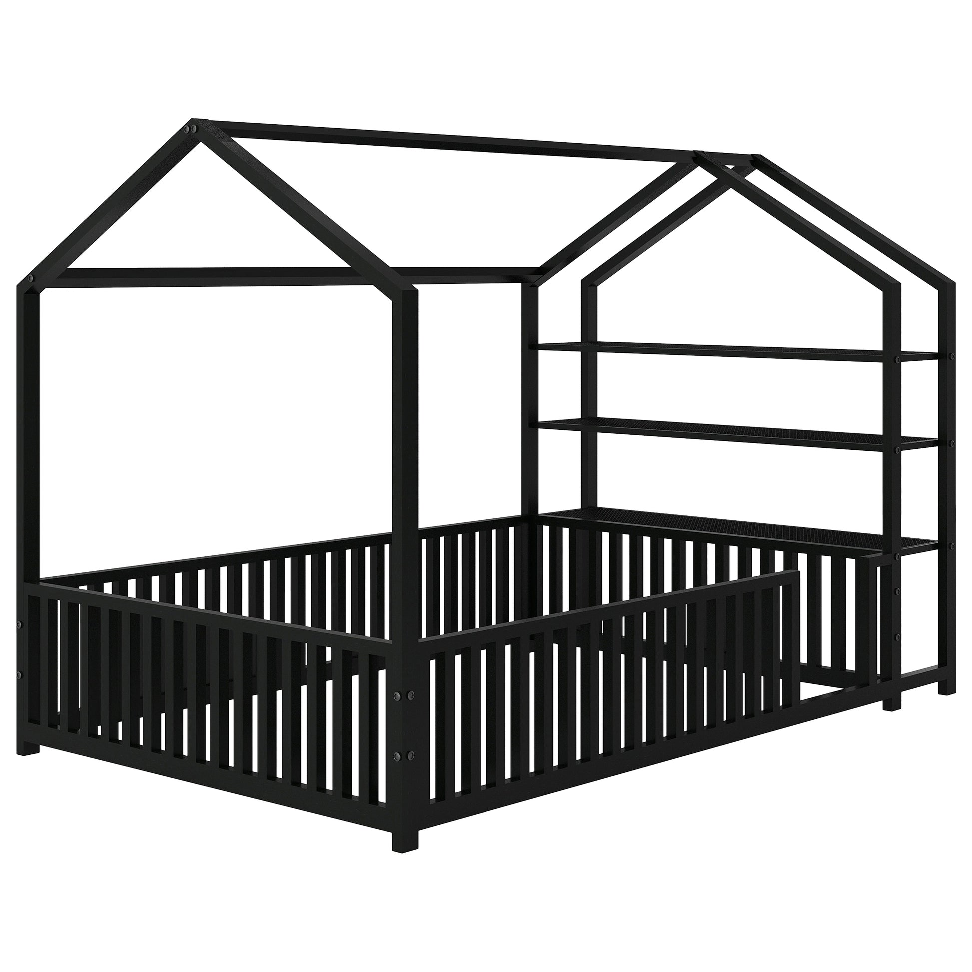 Full Size Metal House Bed With Fence And Detachable Storage Shelves, Black Full Black Metal