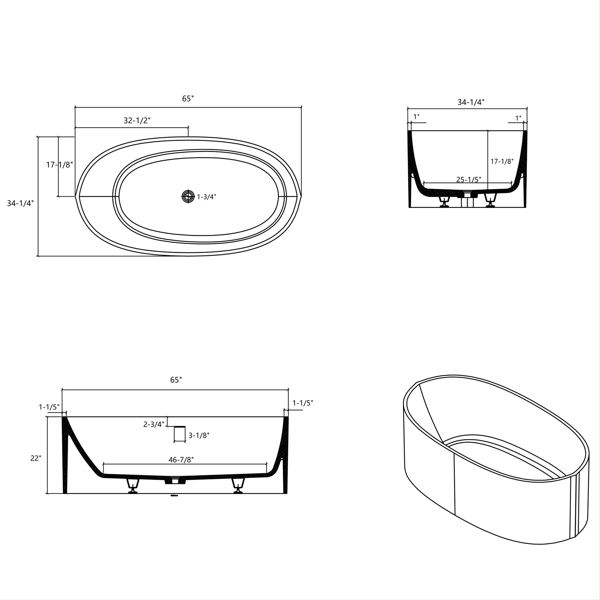 65" Freestanding Solid Surface Bathtub, Stone Resin Freestanding Bath Tub With Overflow And Pop Up Drain, Matte White 24S08 65Mw White Bathroom Freestanding Tubs Solid Surface