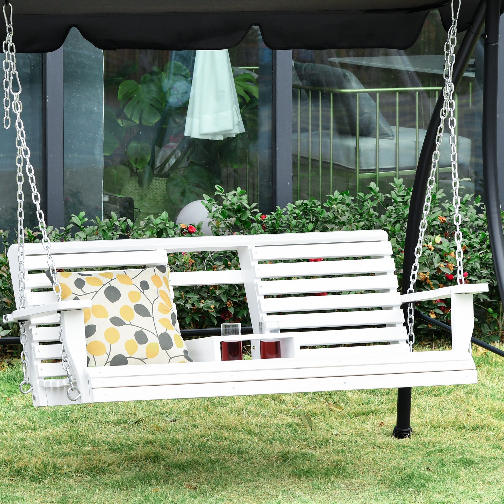 Outsunny 3 Seater Wooden Porch Swing, Patio Swing Bench With Folding Coffee Table, Cup Holders And Chains Included, 440Lbs Weight Capacity, White White Wood