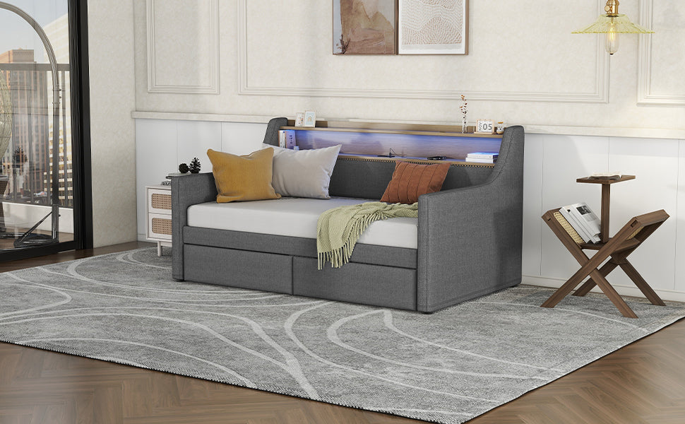 Twin Size Daybed With Storage Drawers, Upholstered Daybed With Charging Station And Led Lights, Gray Old Item W1580S00023 Twin Gray Linen