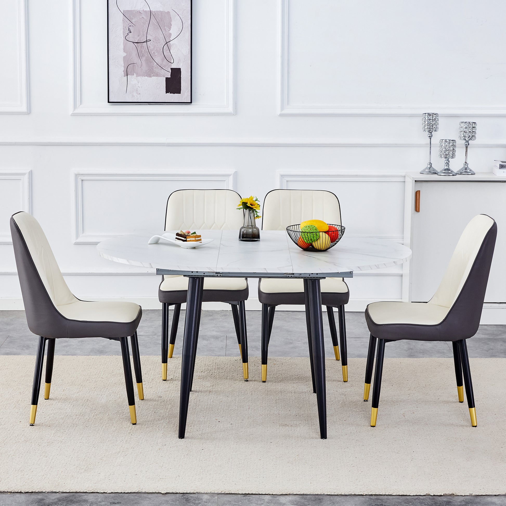 Table And Chair Set.Modern Extendable Mdf Dining Table.The Table Has A Telescopic Design, Suitable For Gatherings Of Different Size.Paired With 4 Chairs With Pu Cushions And Black Metal Legs. Dark Gray,White Seats 4 Mdf Metal