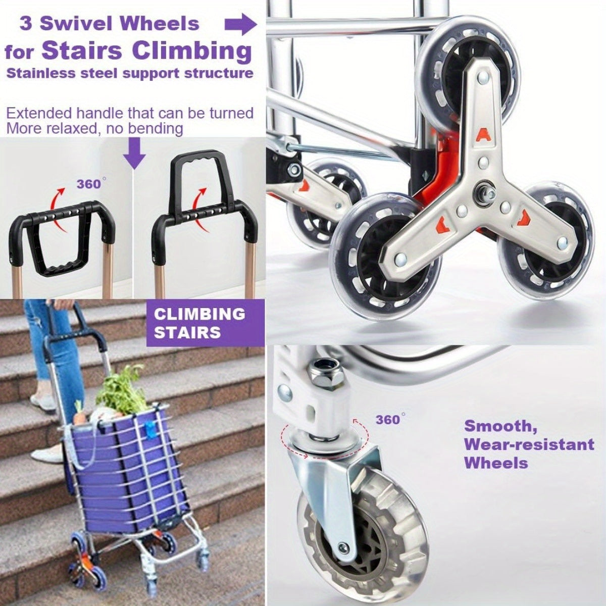 Grocery Laundry Utility Foldable Shopping Cart Trolley, Aluminum Alloy 8 Wheel Stair Climbing, Load Capacity 35L Silver Aluminium Alloy