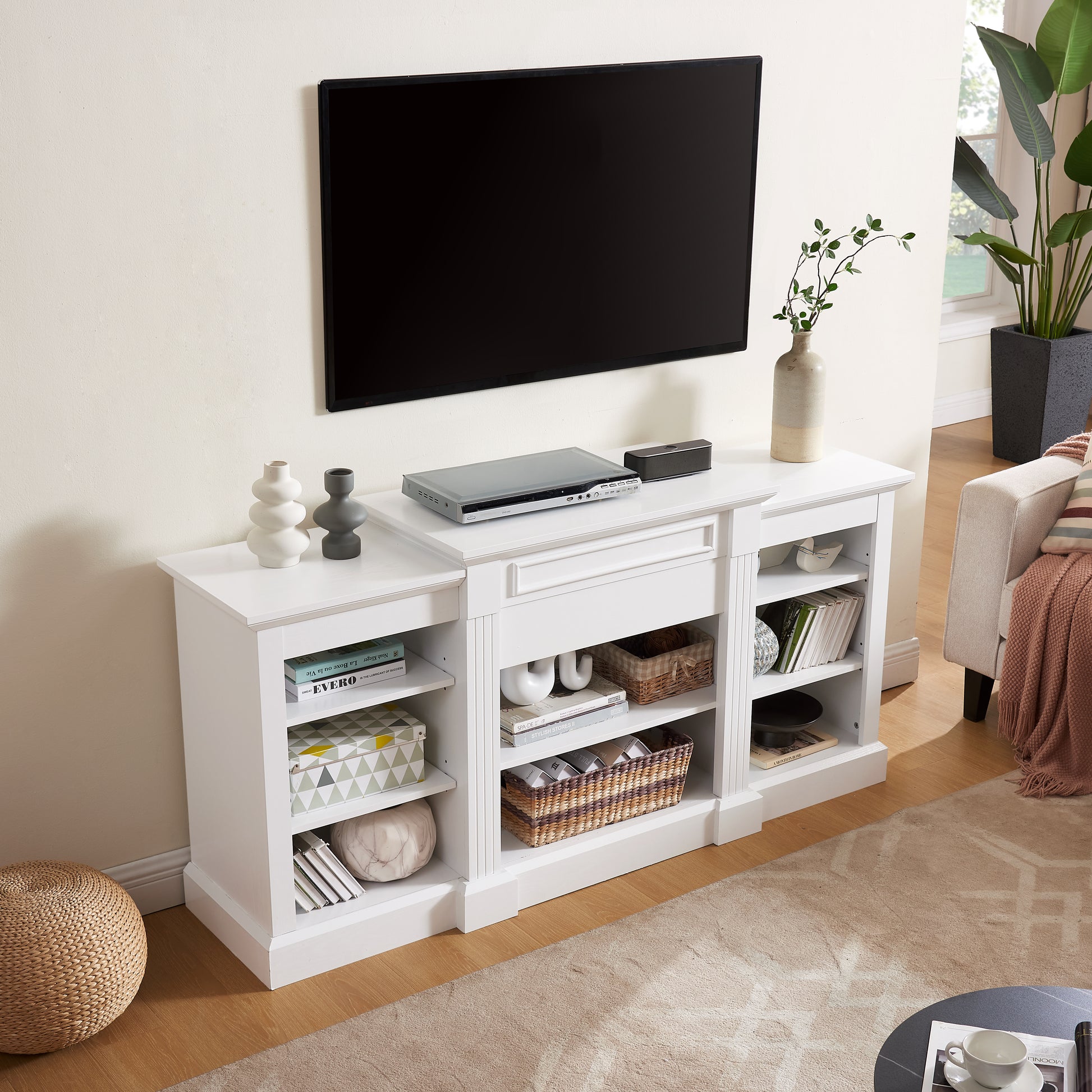 Media Console Table With Large Storage Cabinet, Modern Tv Media Entertaionment Stand, White, 65.75"W*17"D*32.48"H White 39 Inches Or Less Mdf