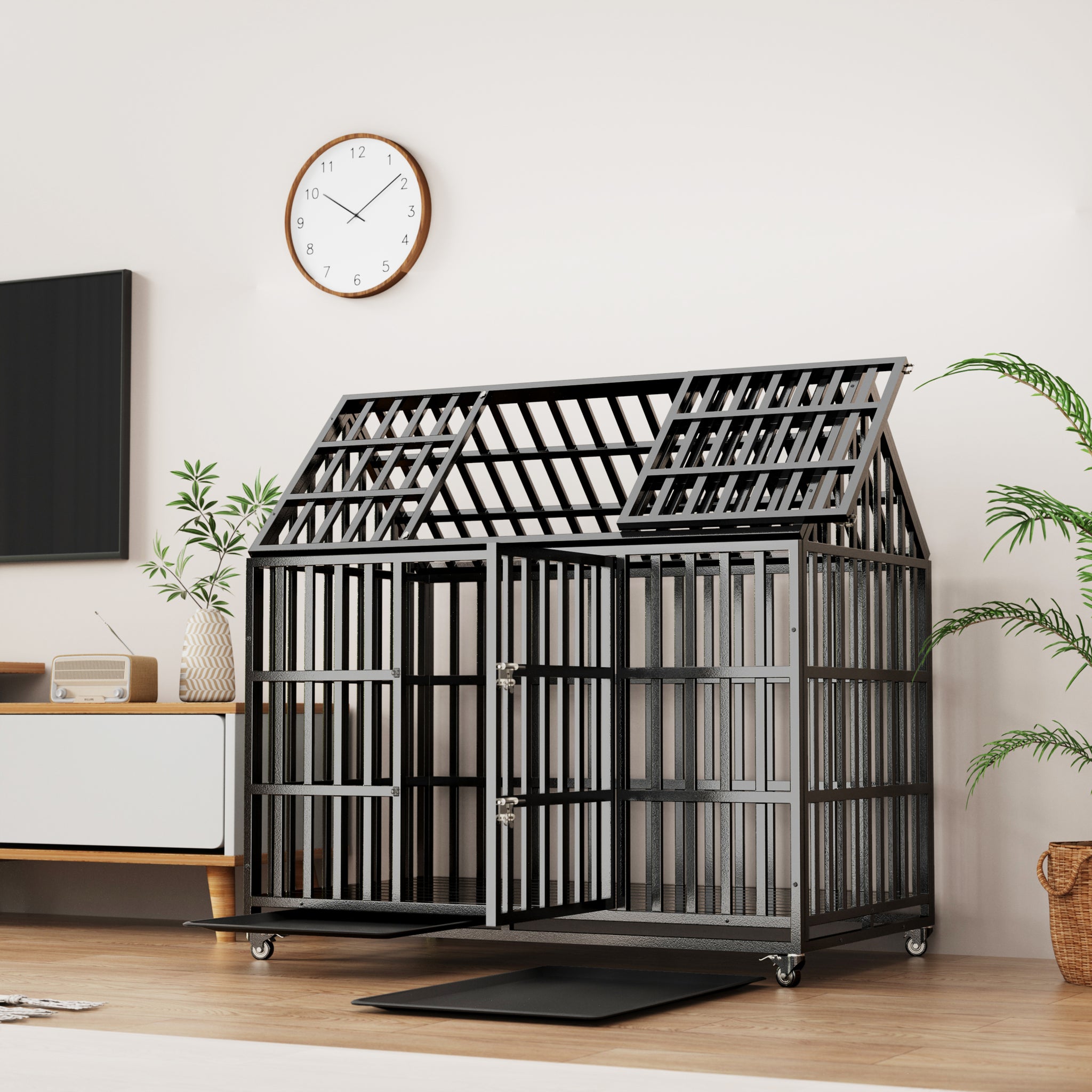 52" Heavy Duty Dog Crate Large Dog Cage Strong Metal Dog Kennels And Crates For Large Dogs With 4 Lockable Wheels Black Carbon Steel