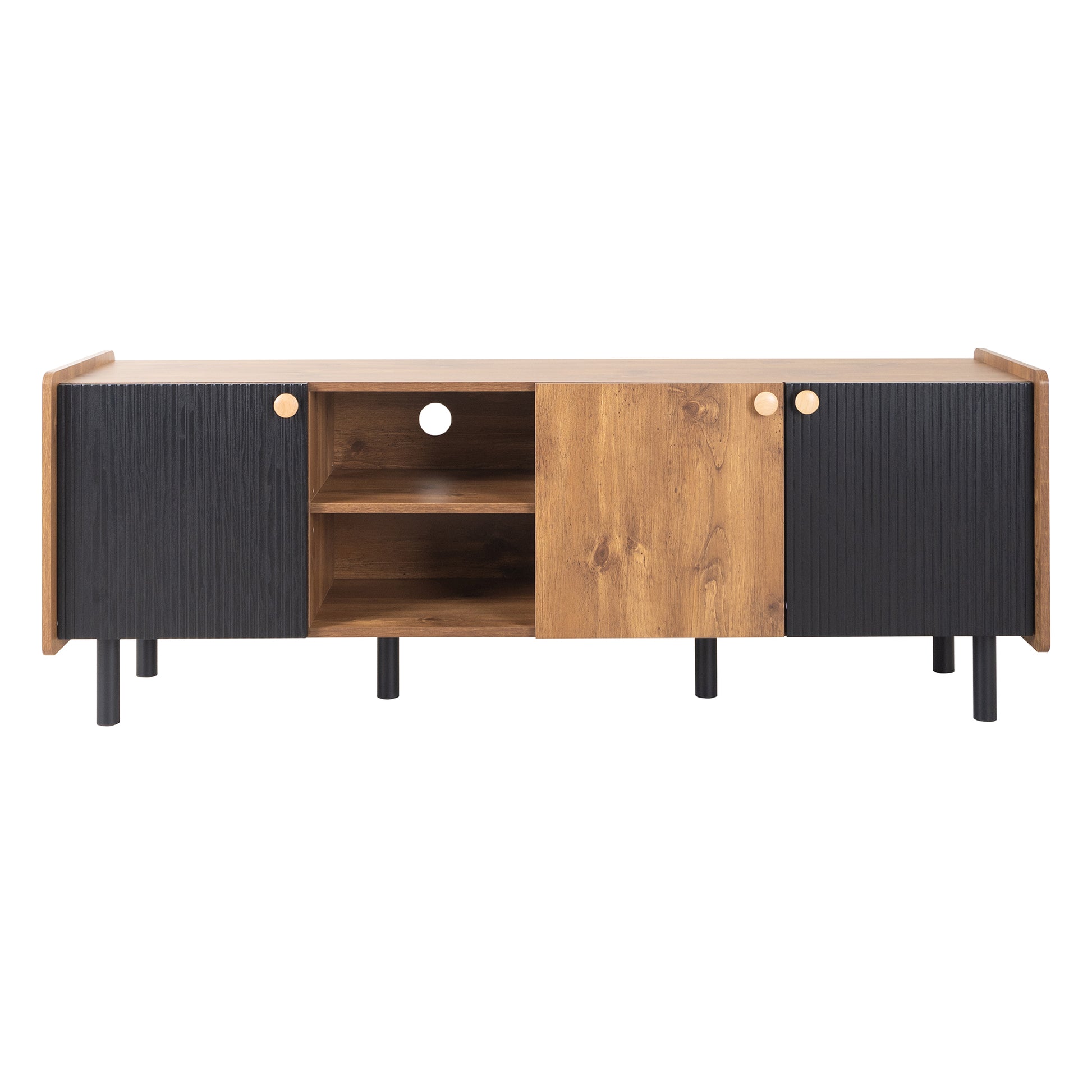 Mid Century Tv Stand With 3 Cabinets, Media Console Table For Tvs Up To 70'', Entertainment Center With Storage For Living Room, Bedroom, Home Theatre Black Brown Primary Living Space 60 69 Inches