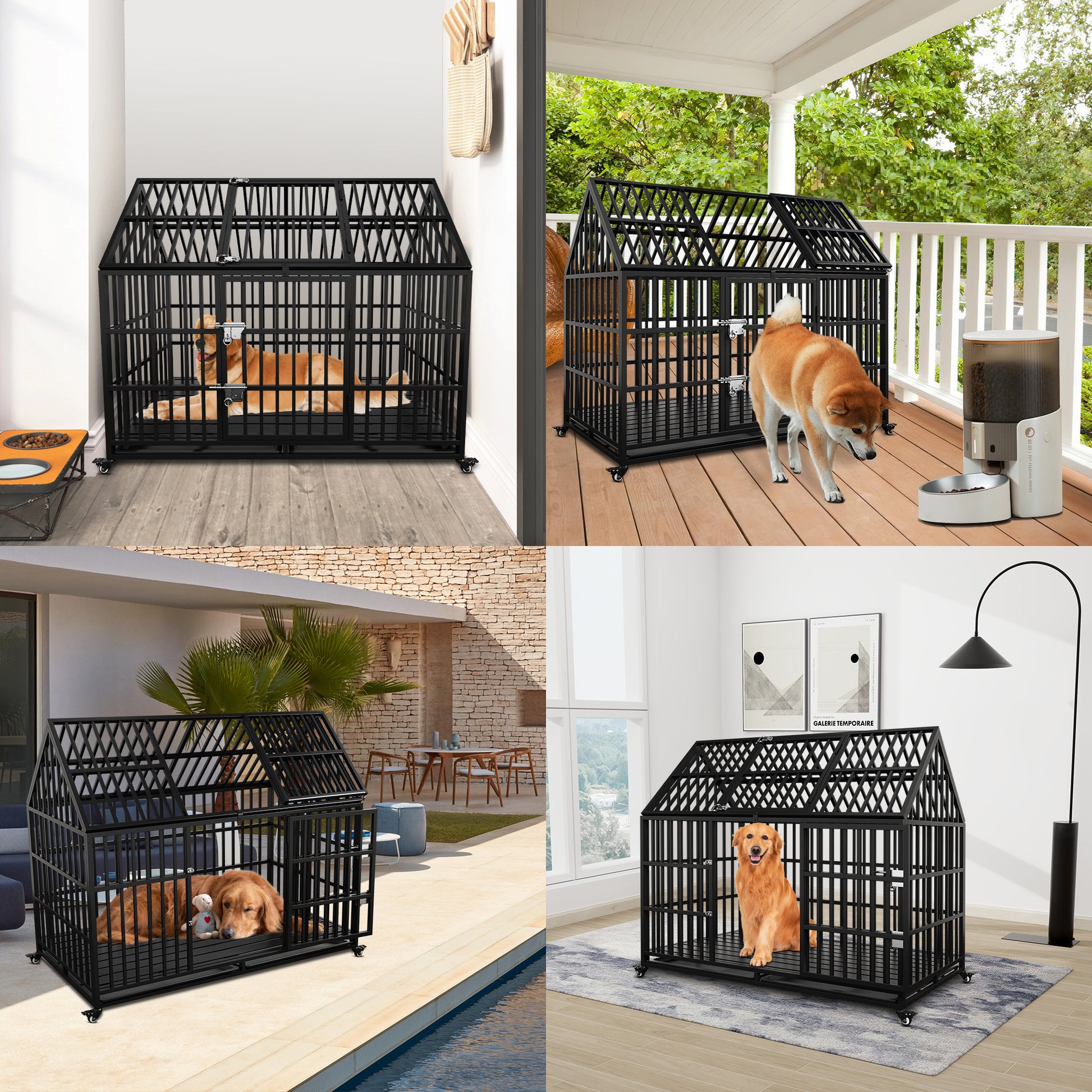 54" Heavy Duty Dog Crate Large Dog Cage Strong Metal Dog Kennels And Crates For Large Dogs Top Open With 2 Doors 4 Lockable Wheels 2 Removable Trays Black Outdoor Kennel Extra Large 71 90 Lbs Steel