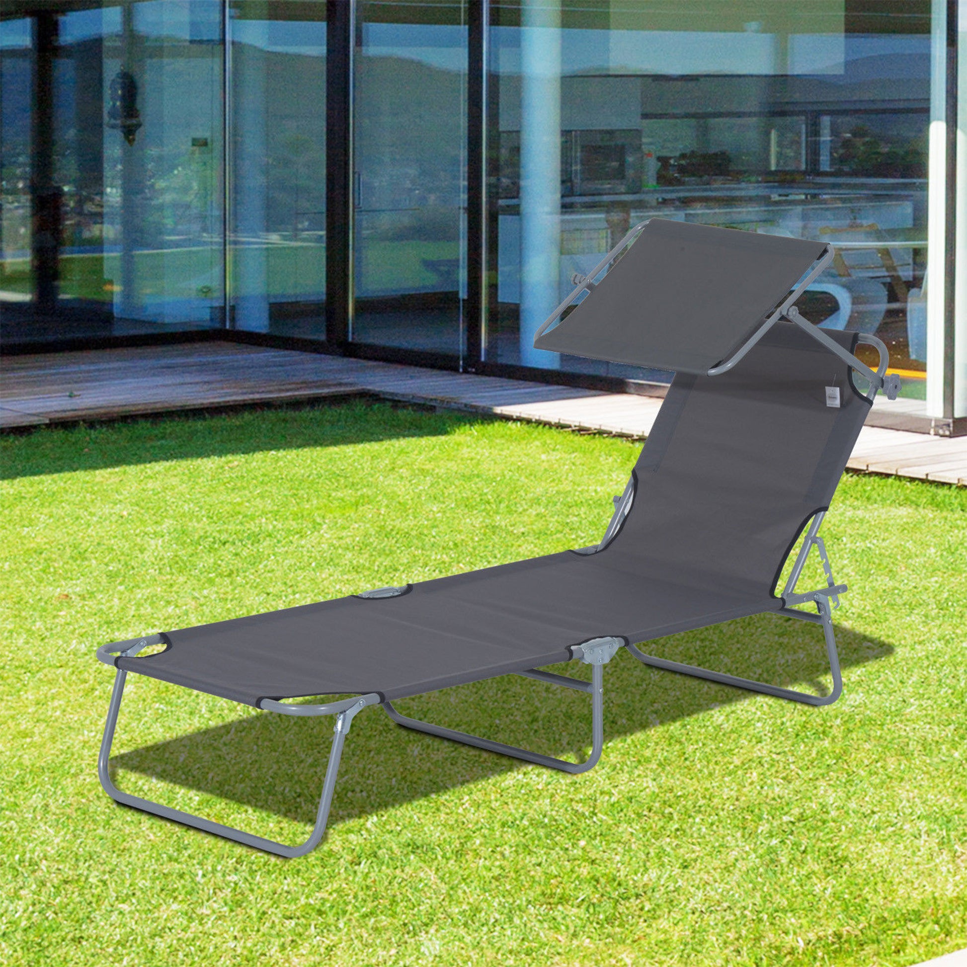 Outsunny Outdoor Lounge Chair, Adjustable Folding Chaise Lounge, Tanning Chair With Sun Shade For Beach, Camping, Hiking, Backyard, Gray Gray Steel