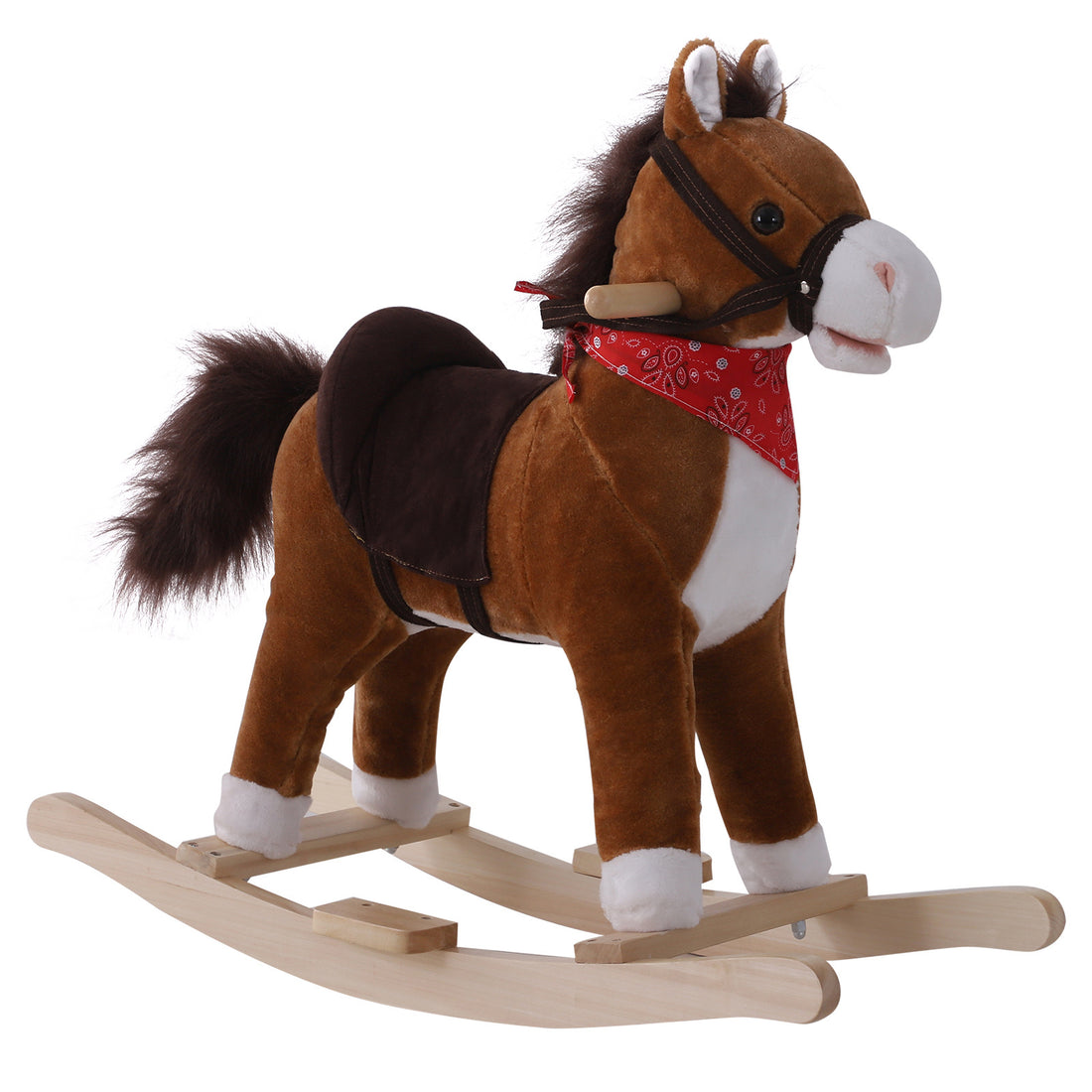 Qaba Kids Ride On Rocking Horse Plush Toy With Realistic Sounds And Red Scarf For Over 3 Years Old Birth Gift Brown Plush