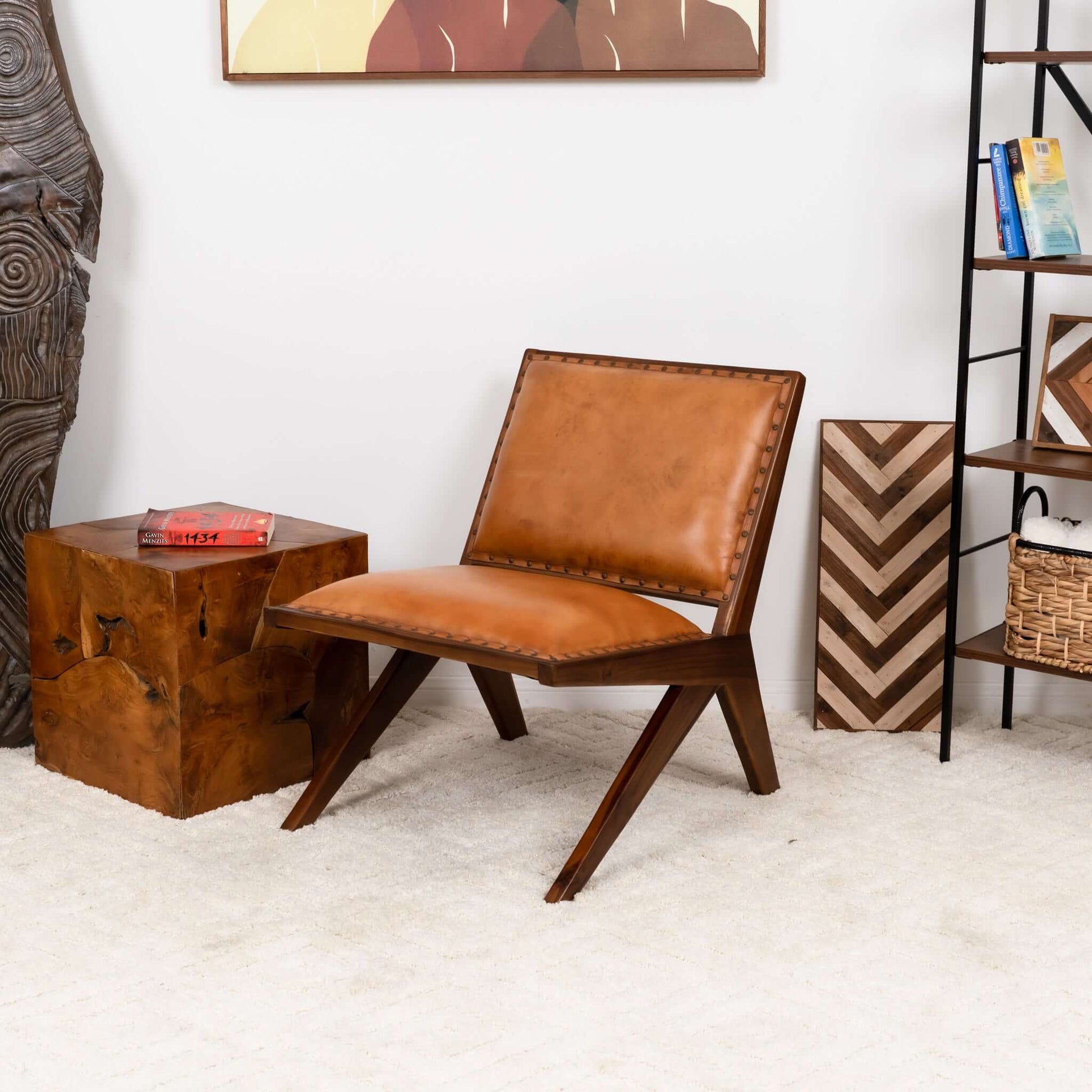 Colin Tan Leather Lounge Chair Brown,Rustic,Tan Brown Mid Century Modern Foam Genuine Leather,Solid Wood