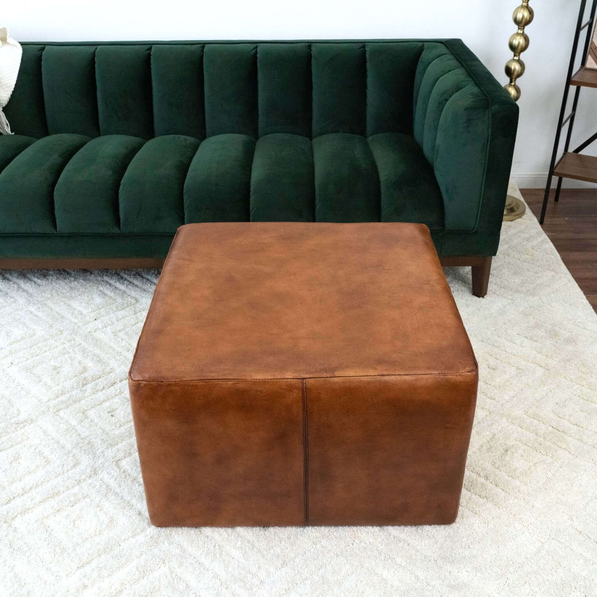 Mallory Mid Century Square Genuine Leather Upholstered Ottoman In Tan 27.5" Antique Brown,Rustic Genuine Leather Wood Backless Solid Brown Square Armless Genuine Leather,Solid Wood