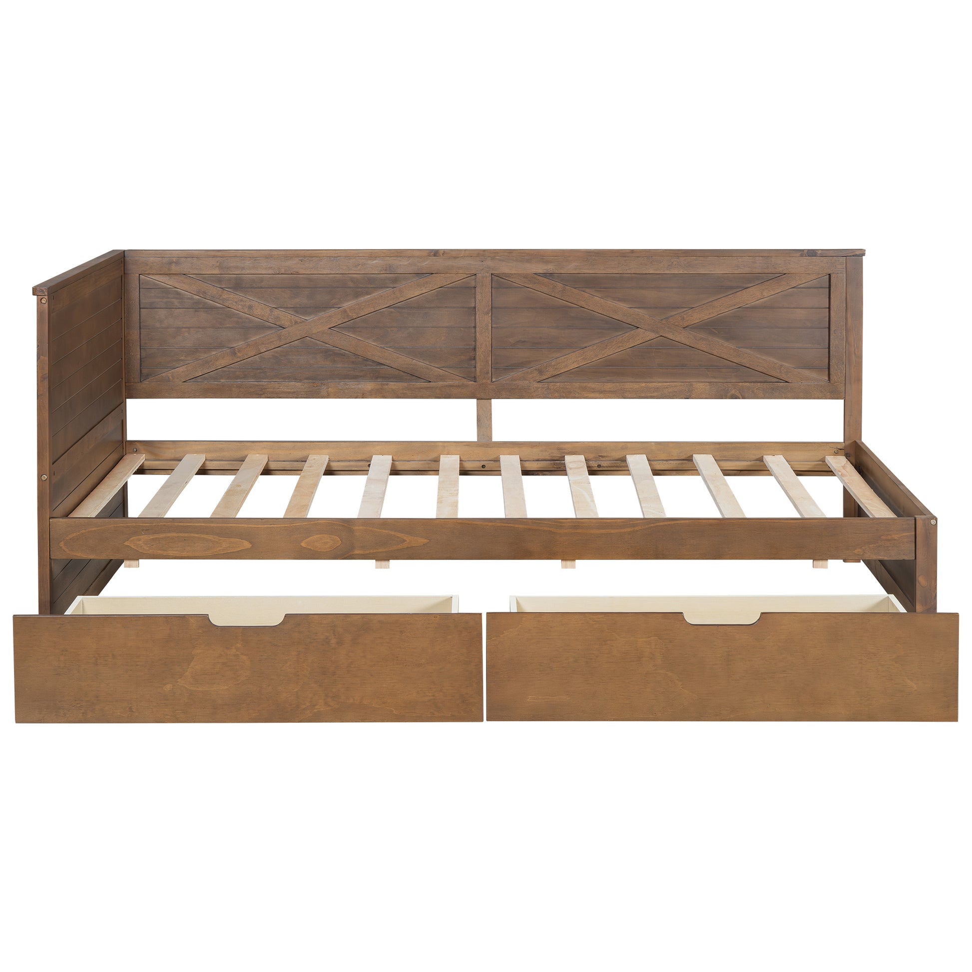 Twin Size Wood Daybed With 2 Drawers And Rustic Guardrail, Ancient Brown Expected Arrival Time: 8.28 Box Spring Not Required Twin Brown Wood Daybeds Solid Wood Mdf