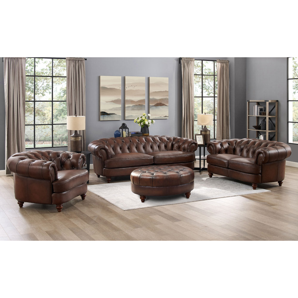 Newport Leather Ottoman Wood Primary Living Space Solid Brown Eucalyptus Wood Nailhead Trim Caramel Genuine Leather Genuine Leather Medium Firm Backless Mid Century Modern Oval Armless Down Filling Leather
