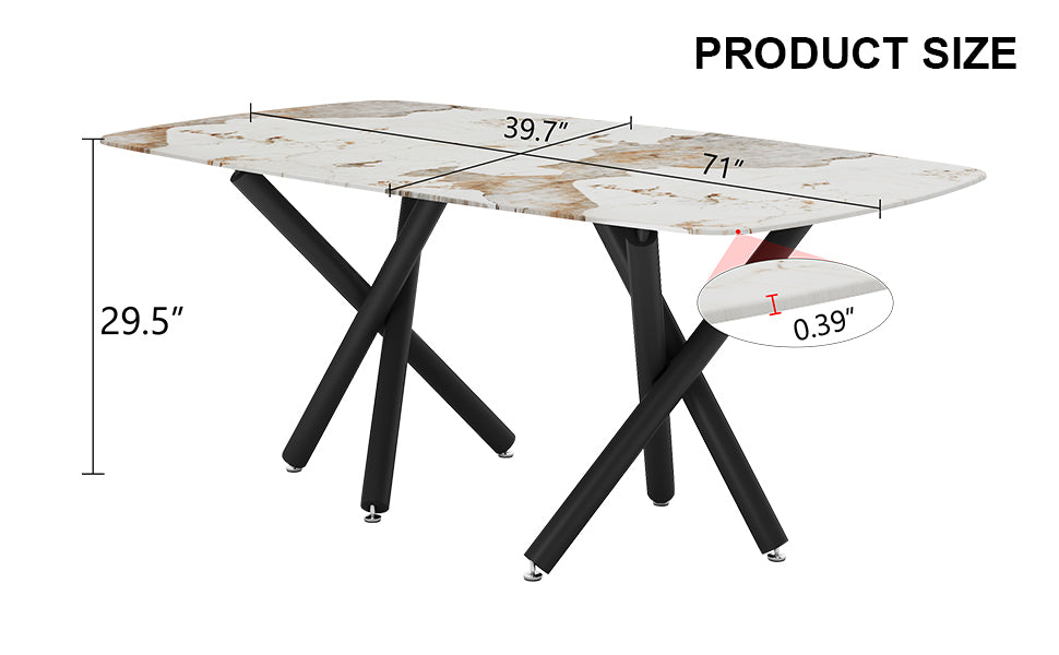 A Modern Minimalist Rectangular Dining Table With A 0.39 Inch Imitation Marble Tabletop And Black Metal Legs, Used In The Kitchen, Dining Room, Living Room, Conference Room, And Banquet Hall, F 1538 Black Glass