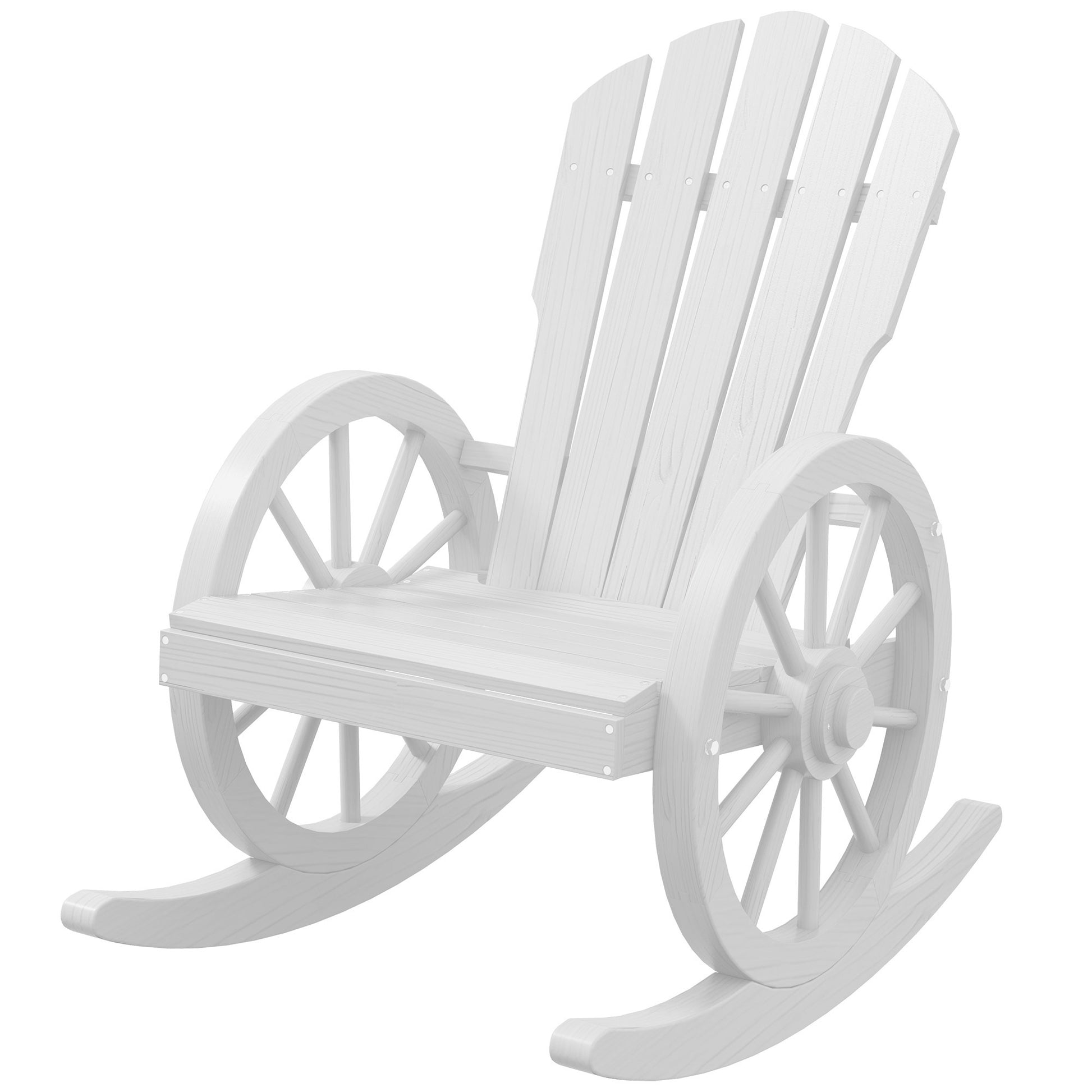 Outsunny Wooden Rocking Chair, Adirondack Rocker Chair W Slatted Design And Oversized Back, Outdoor Rocking Chair With Wagon Wheel Armrest For Porch, Poolside, And Garden, White White Wood