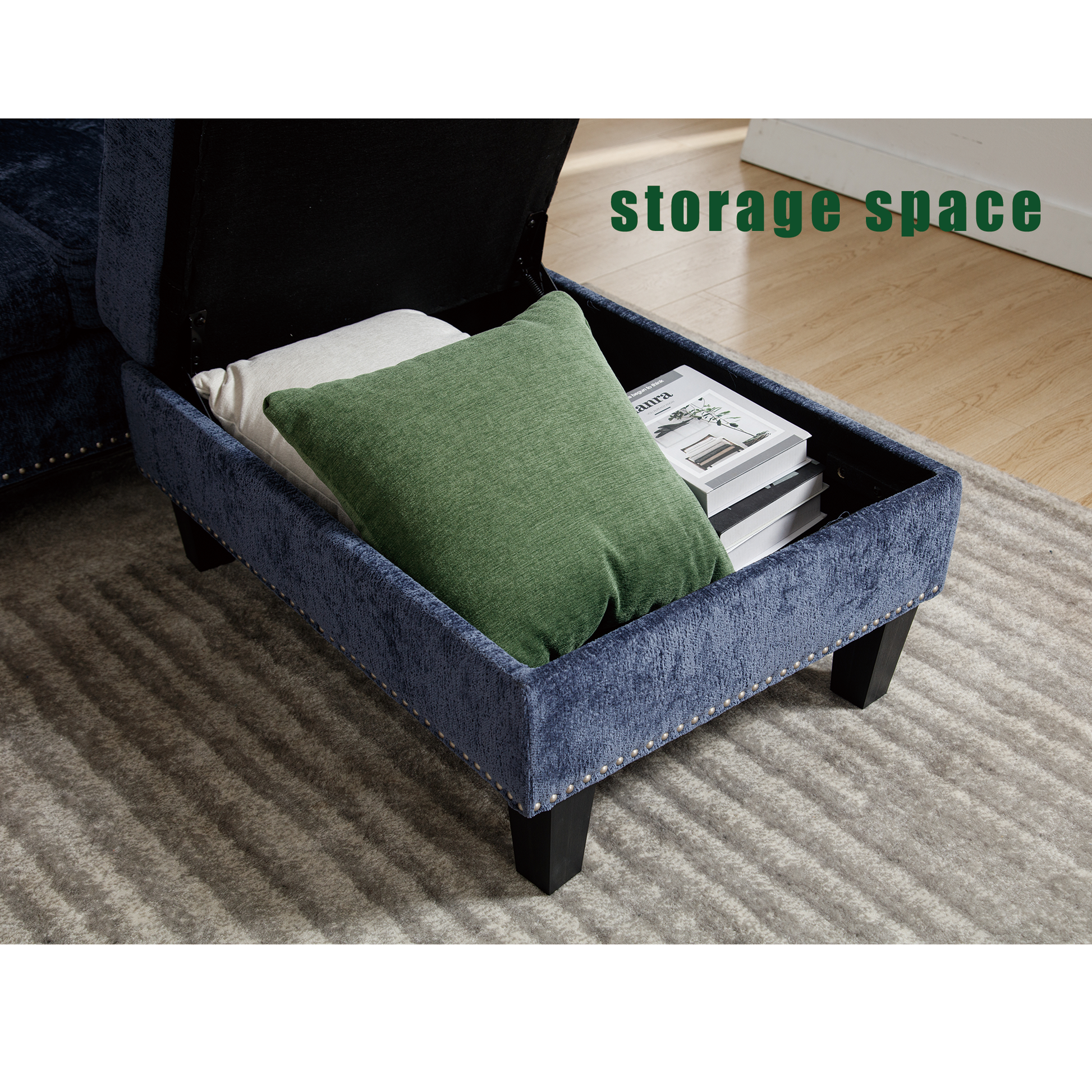 Arrived 5 Seat Modular Sofa,With Storage Ottoman, Convertible Sectional Sofa, L Shaped Couchreversible Chaise ,Riveted Sofa,Chenille, Blue Blue Polyester Wood Primary Living Space Medium Soft Cushion Back Modern Square Arms Foam Metal & Wood 5 Seat