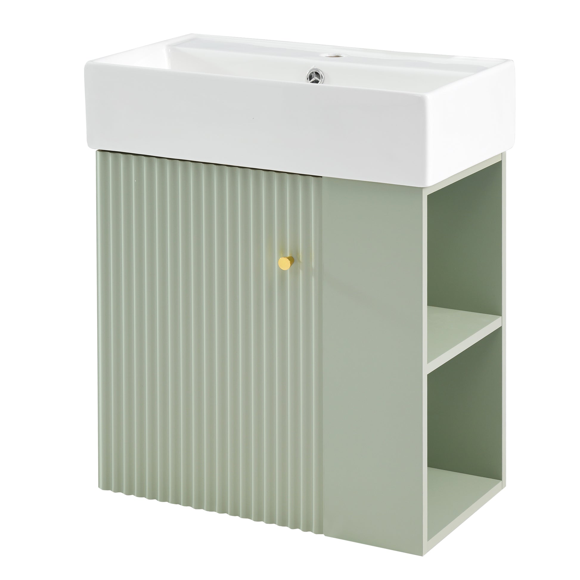 Video 21.6 Inch Modern Floating Bathroom Vanity With Ceramic Basin Perfect For Small Bathrooms, Right Side Storage Green Bathroom Ceramic Mdf