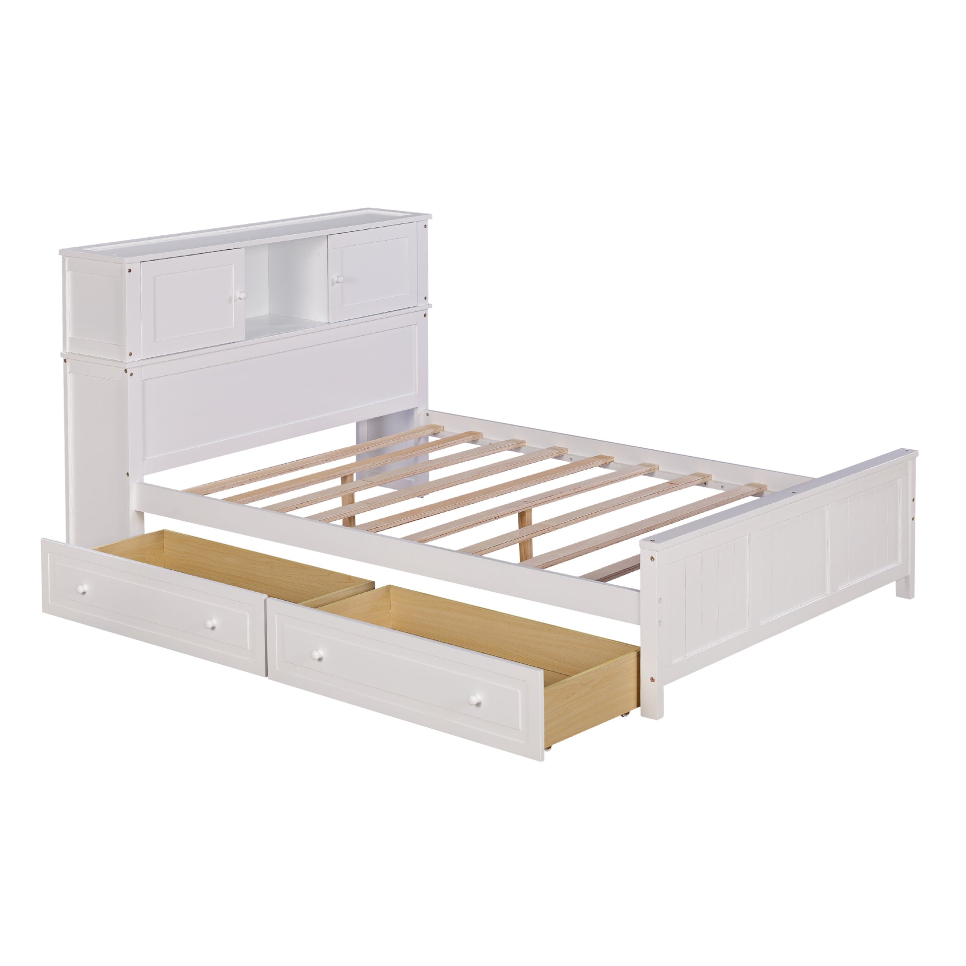 Full Size Platform Bed With Storage Headboard And Sliding Door,2 Drawers, White Full White Solid Wood Mdf