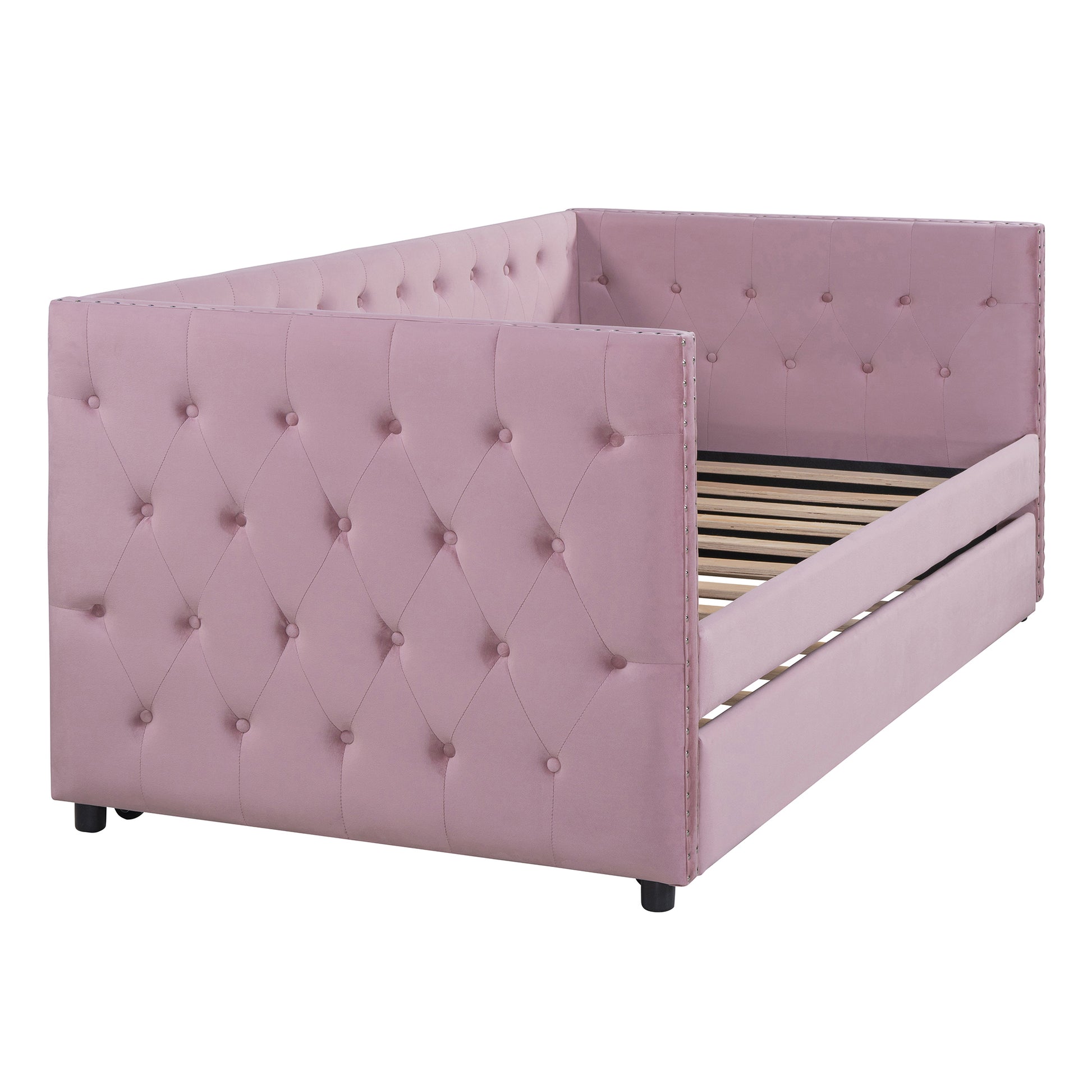 Twin Size Tufted Upholstered Daybed With Trundle, Velvet Sofabed With Rivet Design, No Box Spring Needed,Pink Twin Pink Velvet