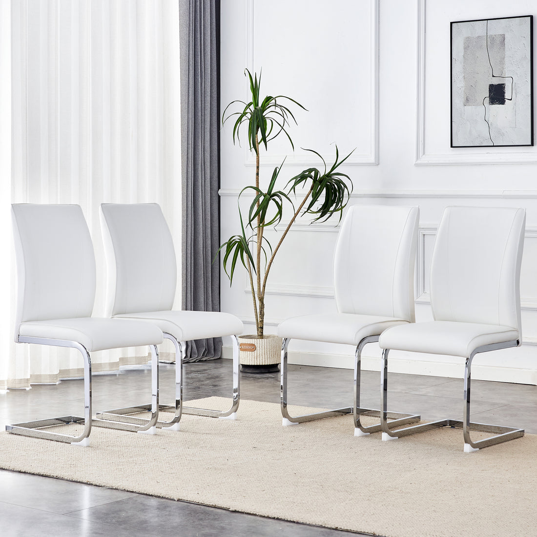 Luxury Simple Arch Chair Set Of 4 White Pu Material High Resilience Dining Chair With Arched Metal Silver Leg. White Silver Metal,Pu