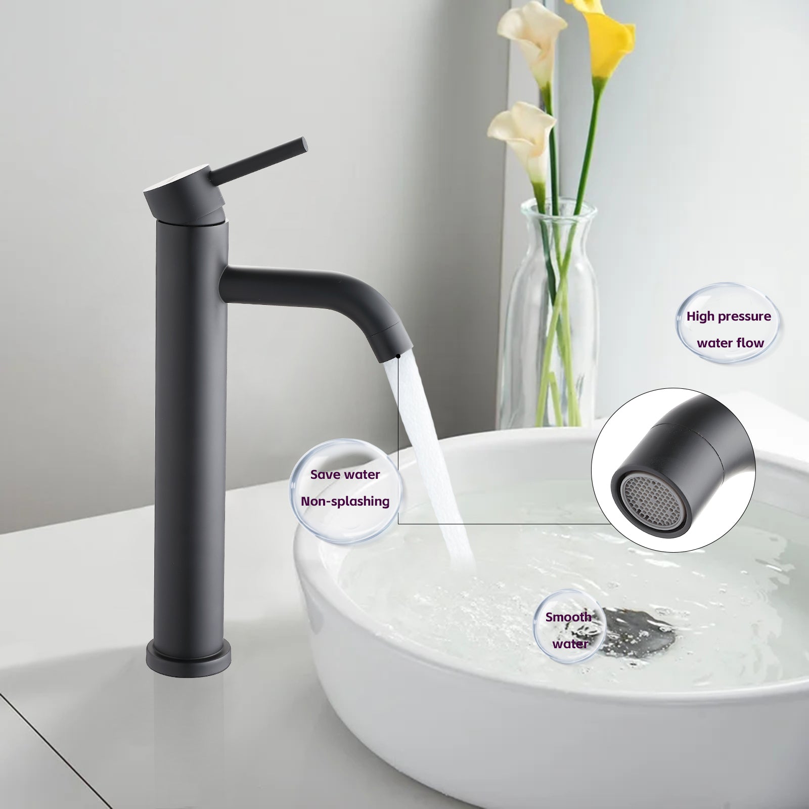 Bathroom Modern Tall Faucets Single Handle One Hole Lavatory Bathroom Sink Faucet Matte Black Cartridge Valve Bathroom 1 Hole Faucets Stainless Steel