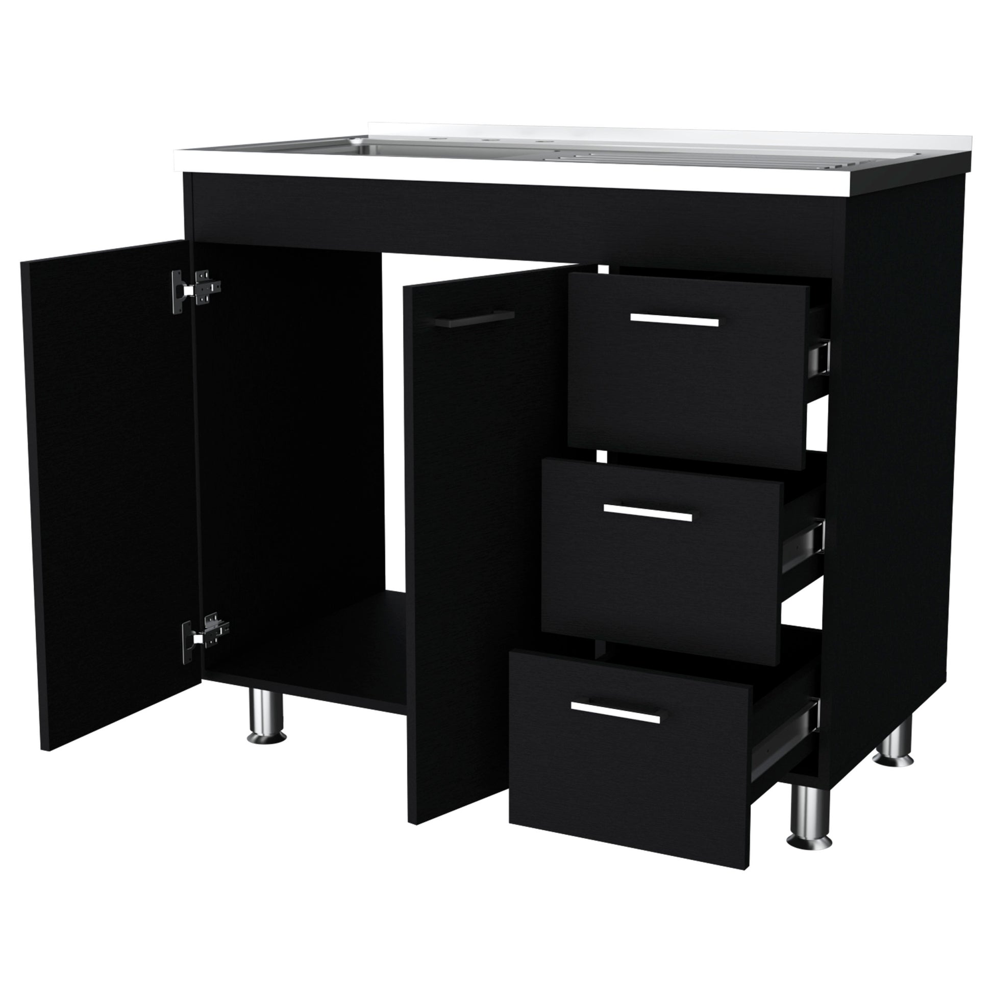 Darien Melamine Base Cabinet, Three Drawers And Stainless Steel Top. Black Kitchen Contemporary Pine Particle Board Melamine