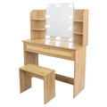 Vanity Desk Set Stool & Dressing Table With Led Lighting Mirror Drawer And Compartments Modern Wood Cosmetic Table Chest Of Drawers Nature Color Natural Wood Particle Board