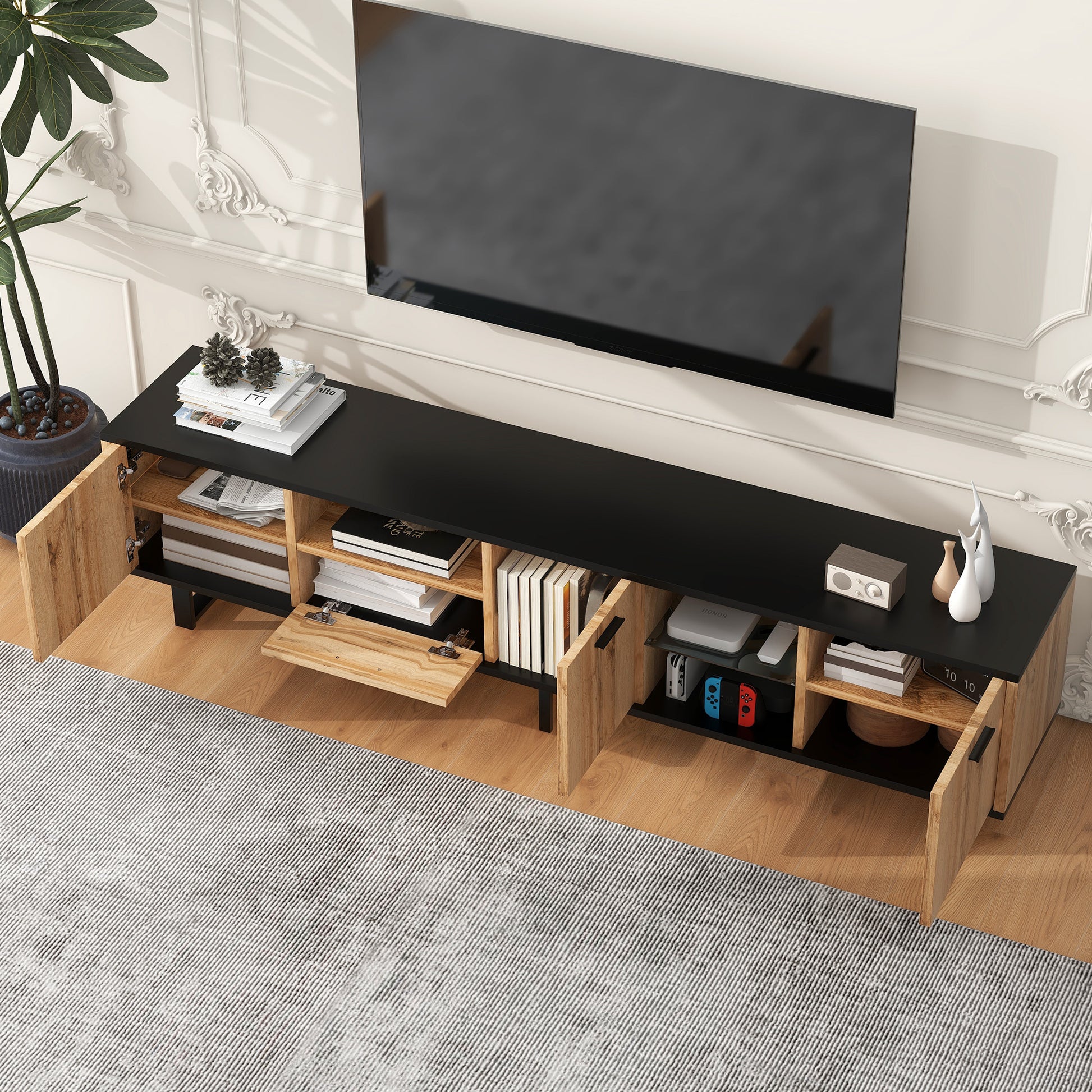 Modern Tv Stand With 4 Cabinets& Open Shelves, Color Matching Media Console Table For Tvs Up To 80'', Entertainment Center With Drop Down Door For Living Room, Bedroom, Home Theatre Wood Brown Primary Living Space 70 79 Inches 70 79 Inches Modern 65