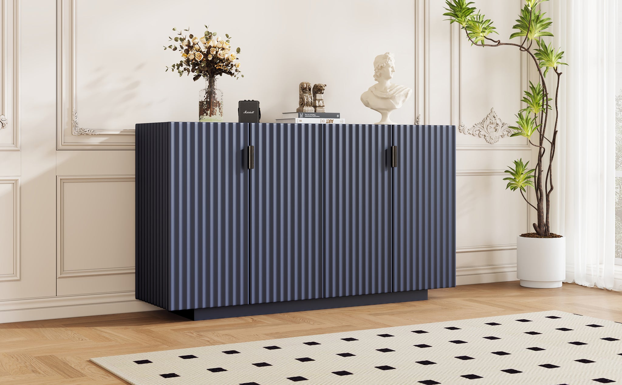 4 Wavy Doors Large Storage Space Sideboard With Adjustable Shelves And Retro Copper Handles For Dining Room And Living Room Antique Navy Antique Navy Mdf