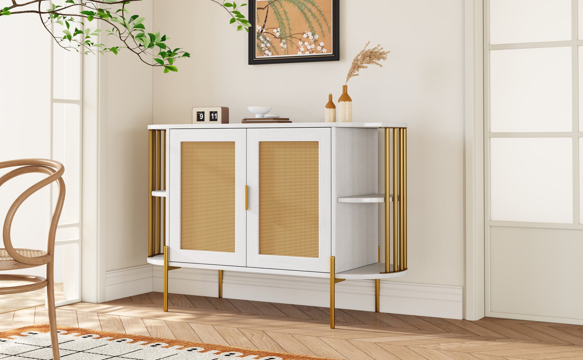 2 Door Elegant Curved Dining Cabinet With Gold Trim And Woven Rattan Doors For Dining Room White White Particle Board