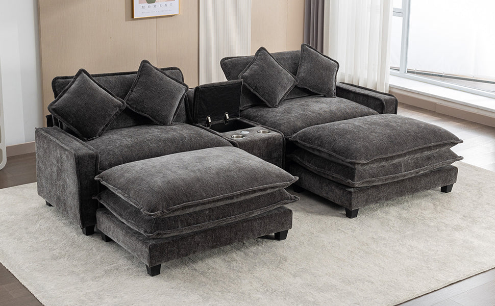 112.6" Sectional Sofa Chenille Upholstered Sofa With Two Removable Ottoman, Two Usb Ports, Two Cup Holders And Large Storage Box For Living Room, Black Black Foam Chenille 2 Seat