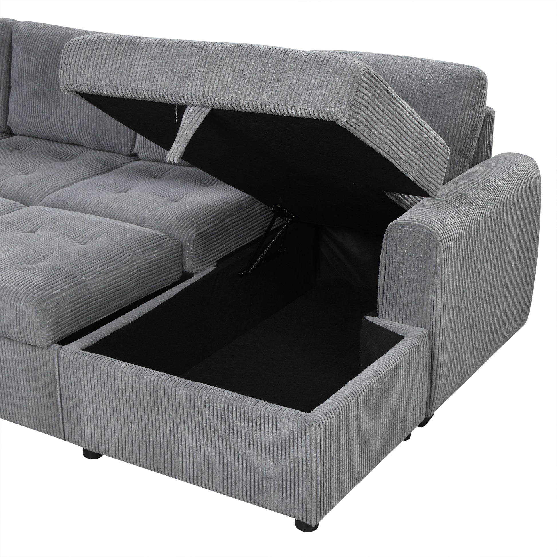 107.5" U Shaped Sofa Sectional Sofa Pull Out Sofa Bed With A Storage Chaise Lounge, Charging Devices For Living Room, Gray Gray Foam Corduroy 5 Seat