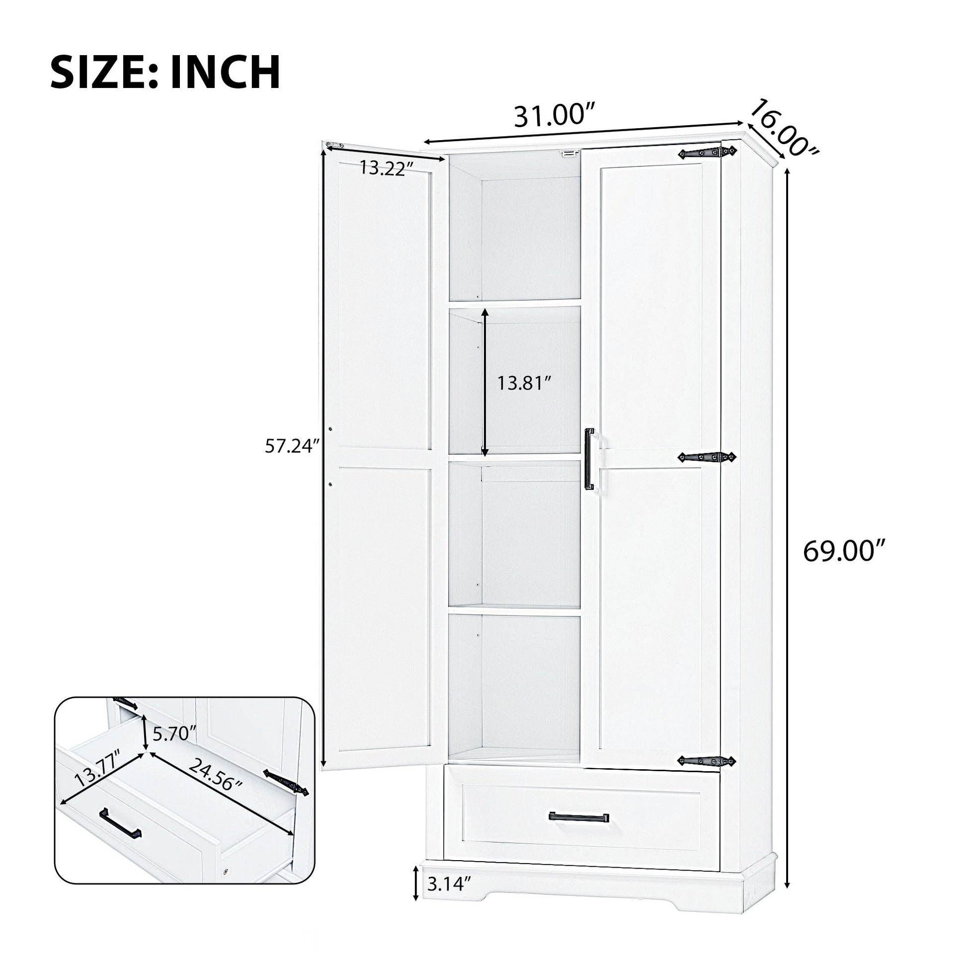 Tall Bathroom Storage Cabinet, Cabinet With Two Doors And One Drawer, Adjustable Shelf, Mdf Board, White White Mdf