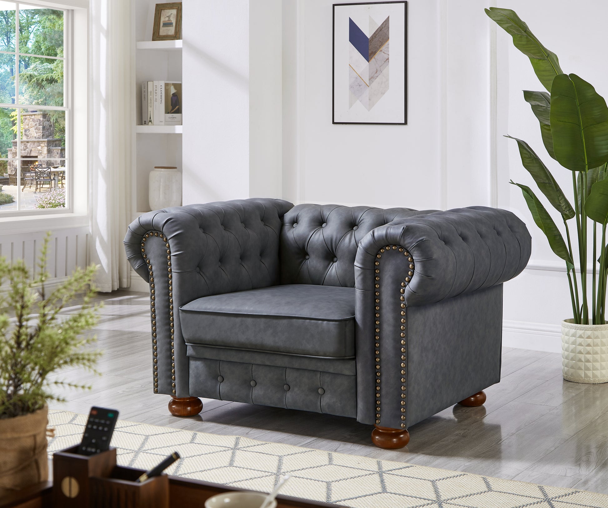 Classic Chesterfield Sofa Chair For Living Room Grey Faux Leather Grey Foam Technical Leather 1 Seat