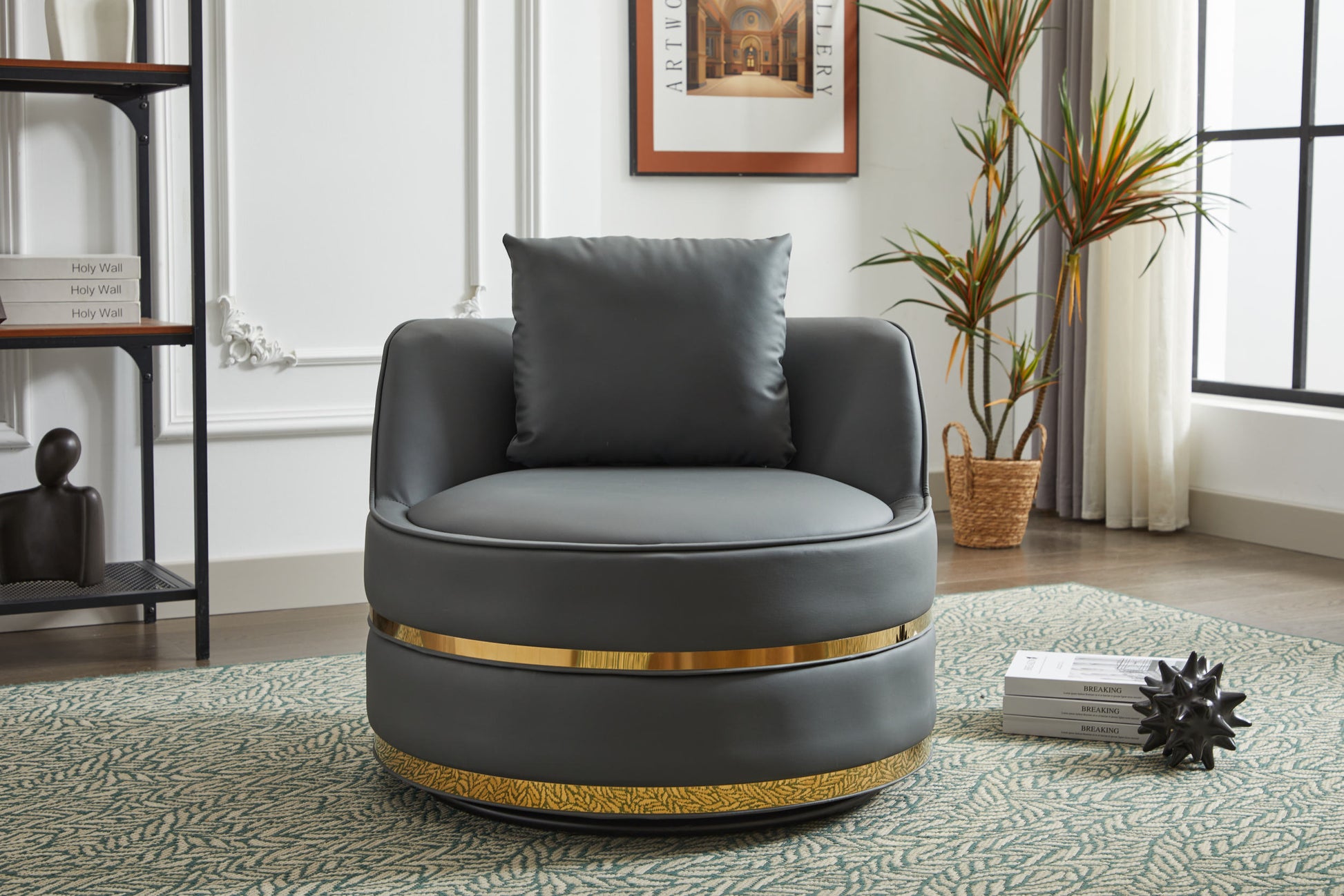 Swivel Chair, 360 Swivel Accent Chair, Barrel Chair For Living Room Bedroom Dark Grey Faux Leather