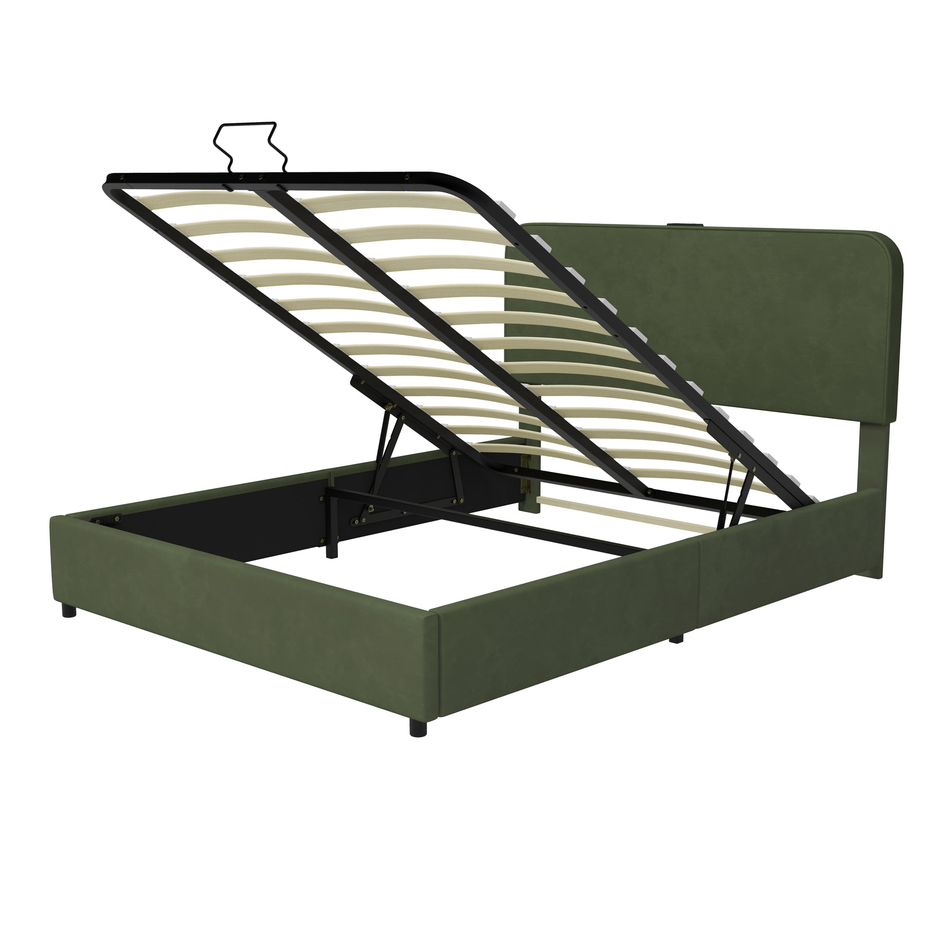 Upholstered Platform Queen Size Hydraulic Storage Bed, Lift Up Storage Bed With Rgb Led Light, Bluetooth Speaker, No Box Spring Needed, Lychee Velvet, Green Queen Green Velvet Fabric Metal