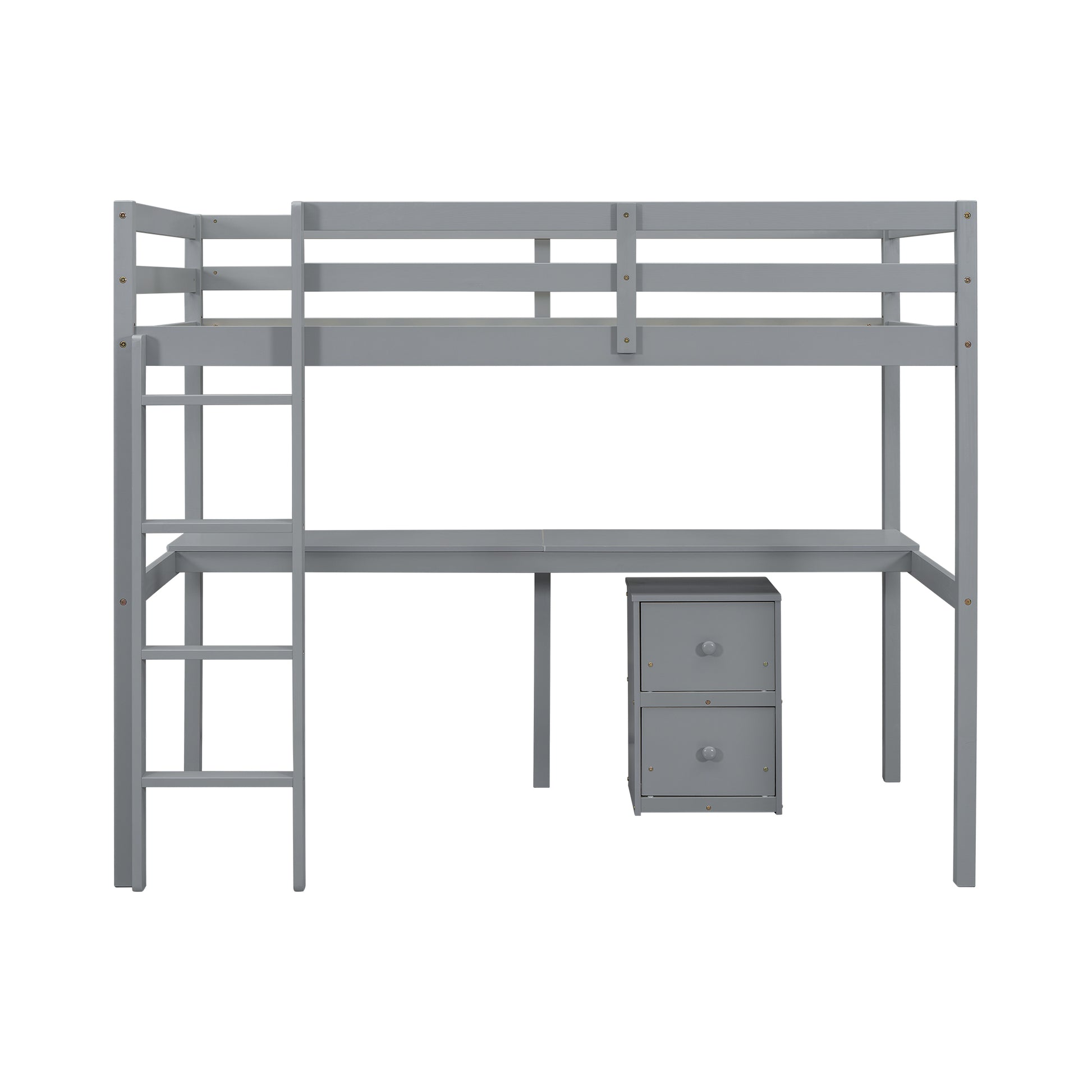 Twin Loft Wood Bed With Under Bed, Built In Desk, A Storage Cabinet Of 2 Drawers, Guardrails, Ladder,Grey Twin Grey Pine