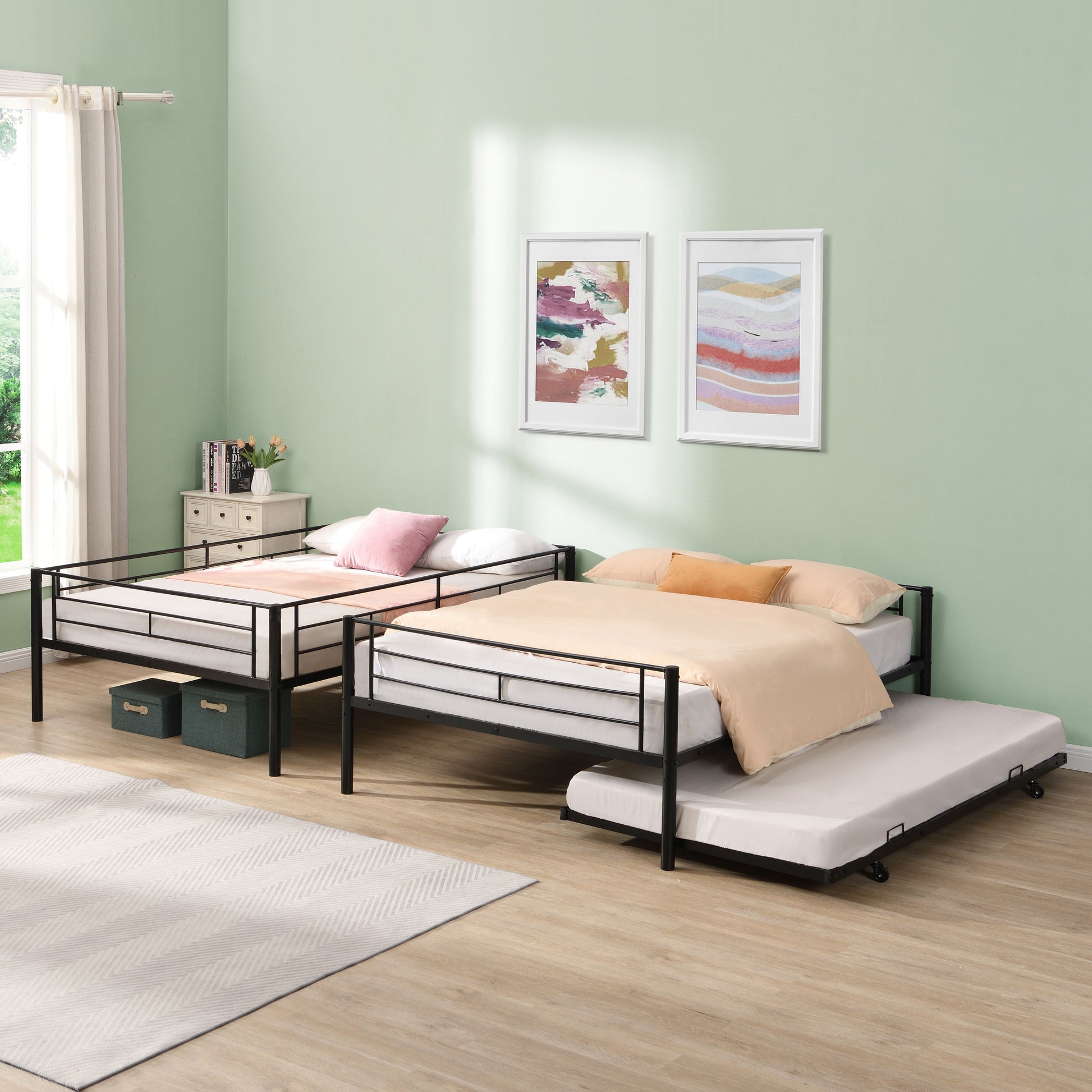 Full Over Full With Trundle Metal Bunk Bedno Box Spring Needed, Easy Assemble Black Metal