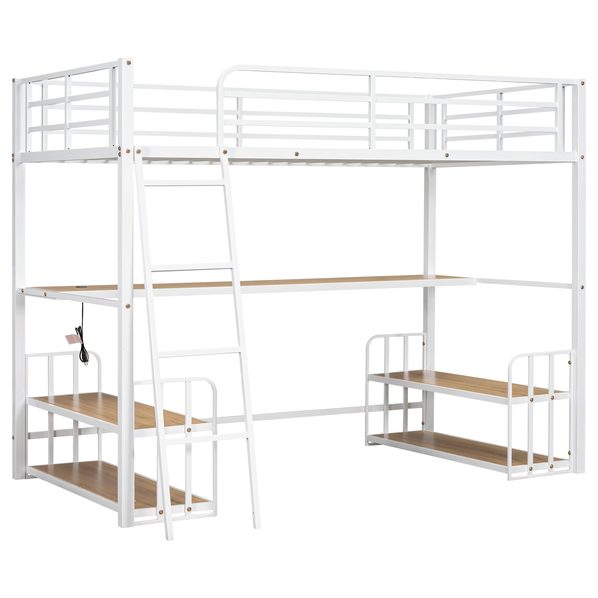 Twin Size Metal Loft Bed With Desk, Storage Shelves And Charging Station, White Box Spring Not Required Twin White Metal Mdf Metal
